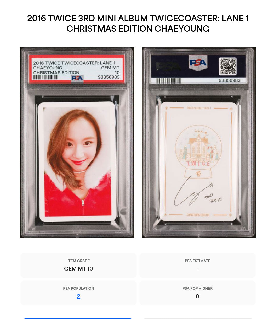 CHAEYOUNG 2016 TWICE TWICECOASTER: LANE 1 CHRISTMAS EDITION PHOTOCARD GEM MINT PSA 10