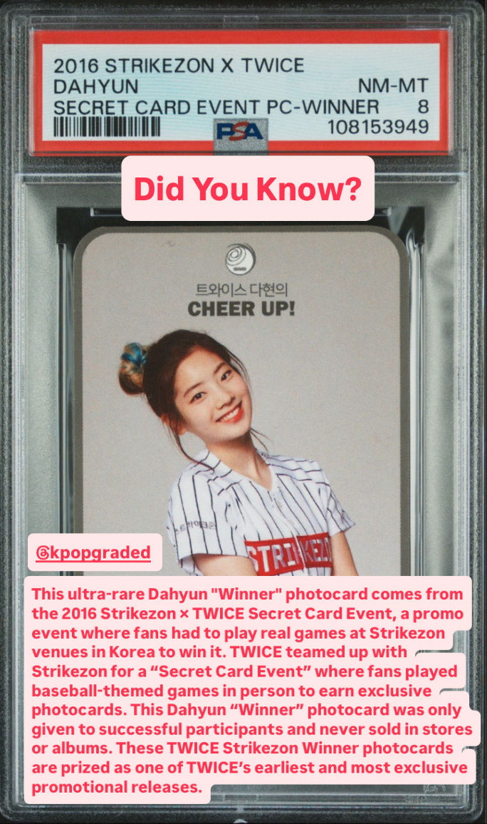 DAHYUN 2016 STRIKEZON X TWICE SECRET CARD EVENT PHOTOCARDS EVENT PC-WINNER PSA 8