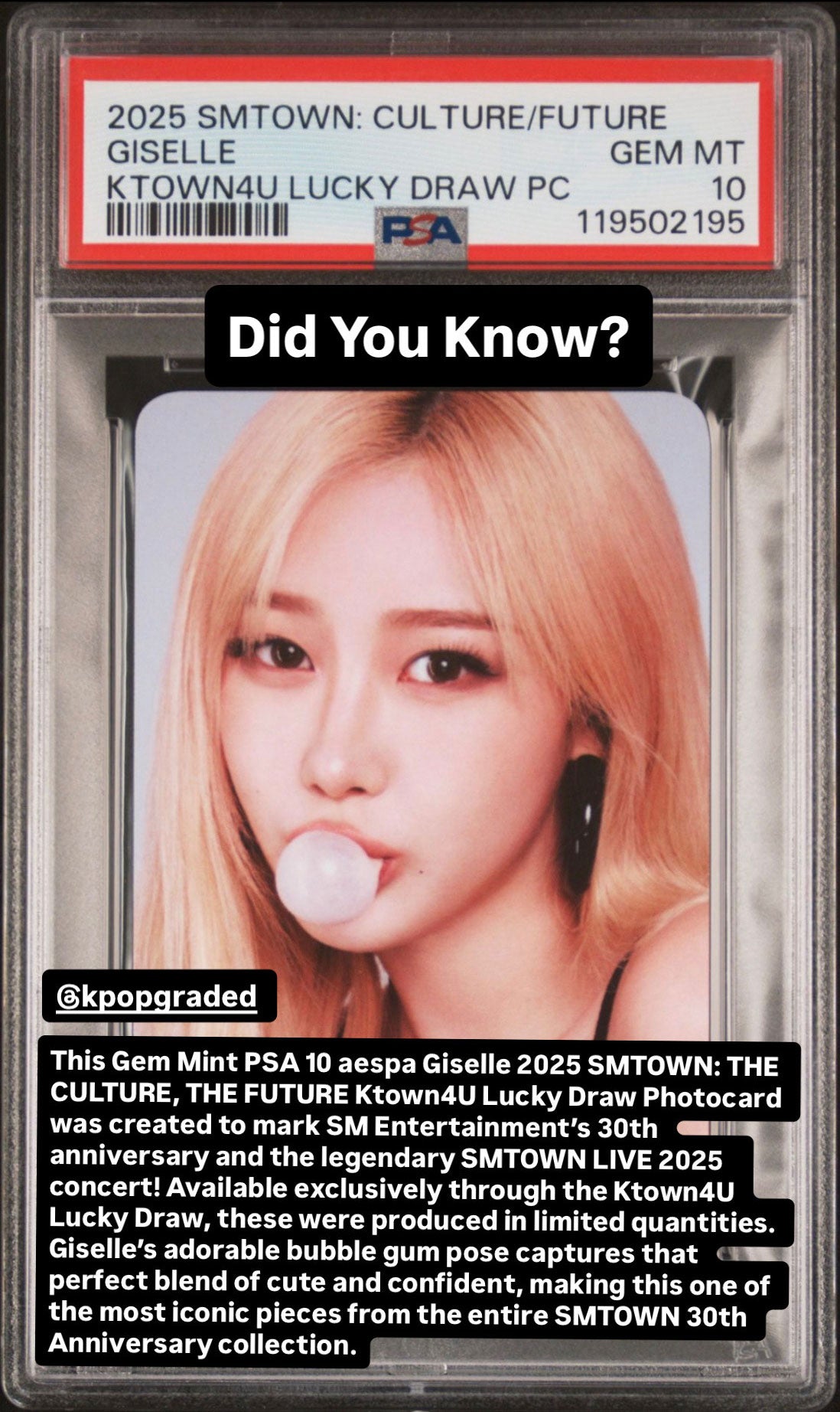 SMTOWN : THE CULTURE, THE FUTURE KTOWN4U LUCKY DRAW PHOTOCARDS GISELLE KTOWN4U LUCKY DRAW GEM MINT PSA 10