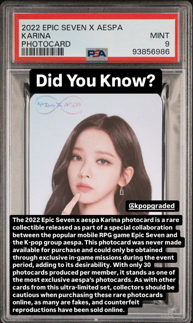 2022 EPIC SEVEN X AESPA KARINA PHOTOCARD MINT PSA 9