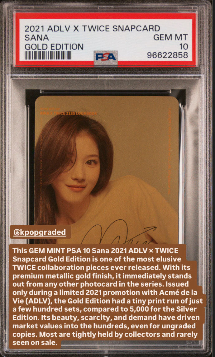 SANA 2021 TWICE ADLV X SNAPCARD GOLD EDITION PHOTOCARD GEM MINT PSA 10