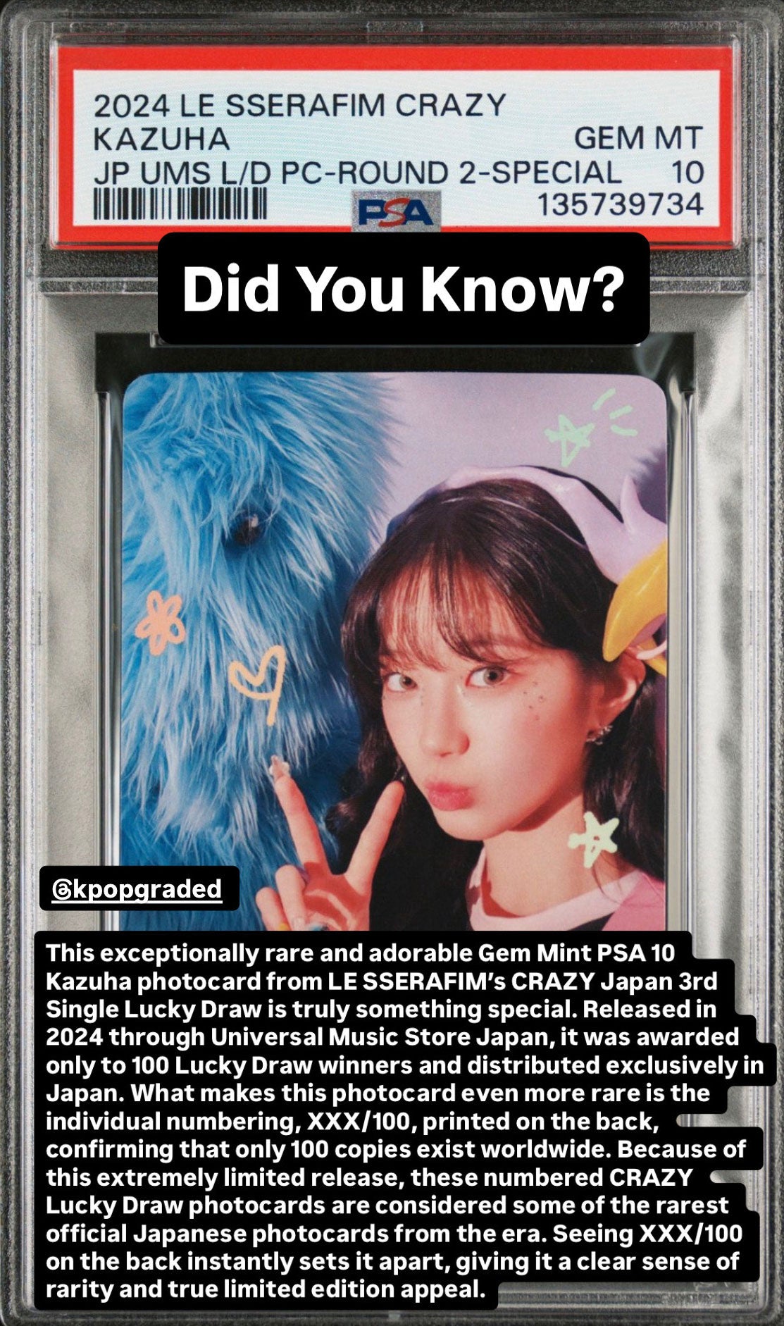 KAZUHA 2024 LE SSERAFIM CRAZY JAPAN 3RD SINGLE UNIVERSAL MUSIC STORE LUCKY DRAW PHOTOCARDS ROUND 2-SPECIAL GEM MINT PSA 10
