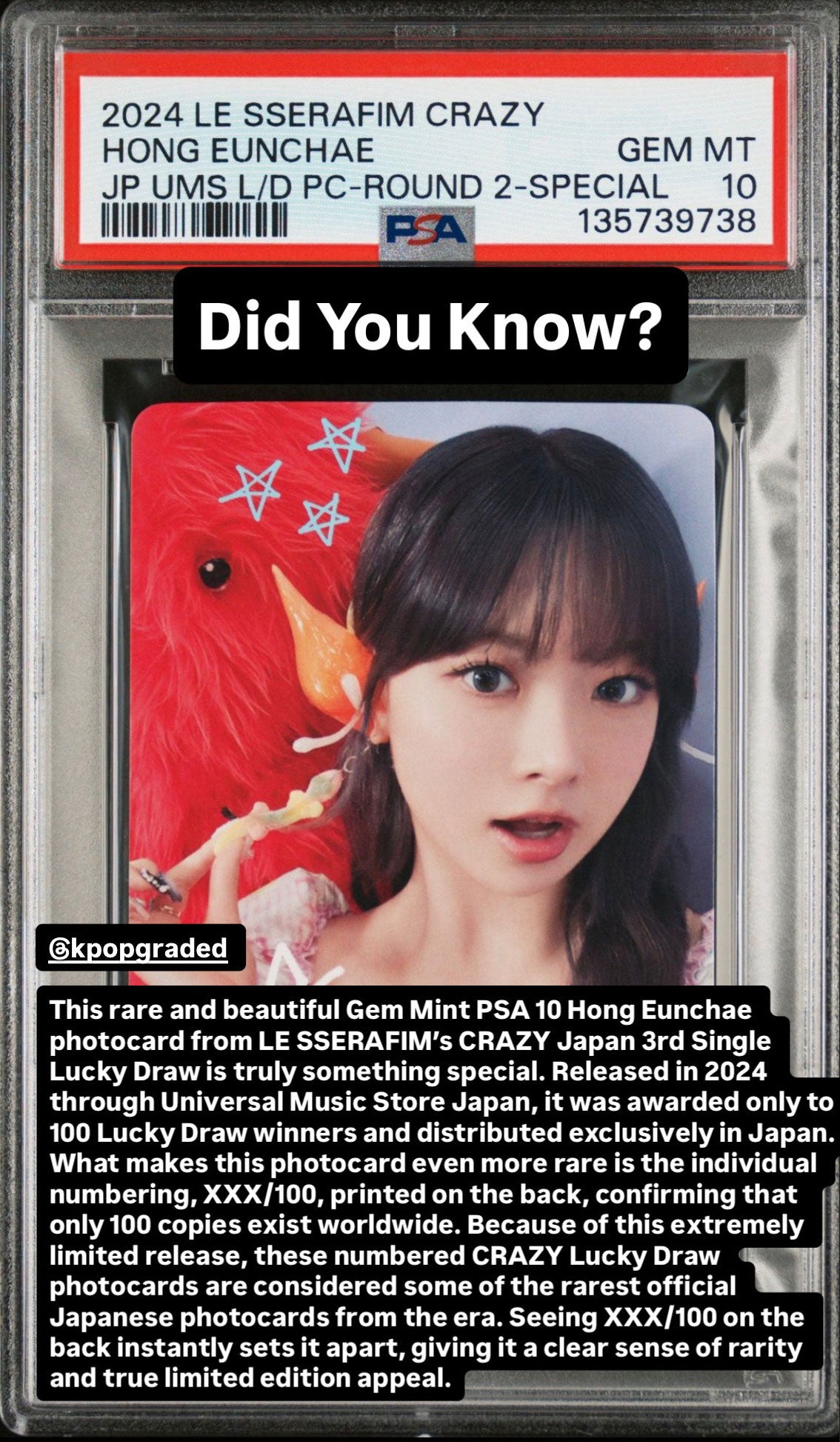 HONG EUNCHAE 2024 LE SSERAFIM CRAZY JAPAN 3RD SINGLE UNIVERSAL MUSIC STORE LUCKY DRAW PHOTOCARDS ROUND 2-SPECIAL GEM MINT PSA 10