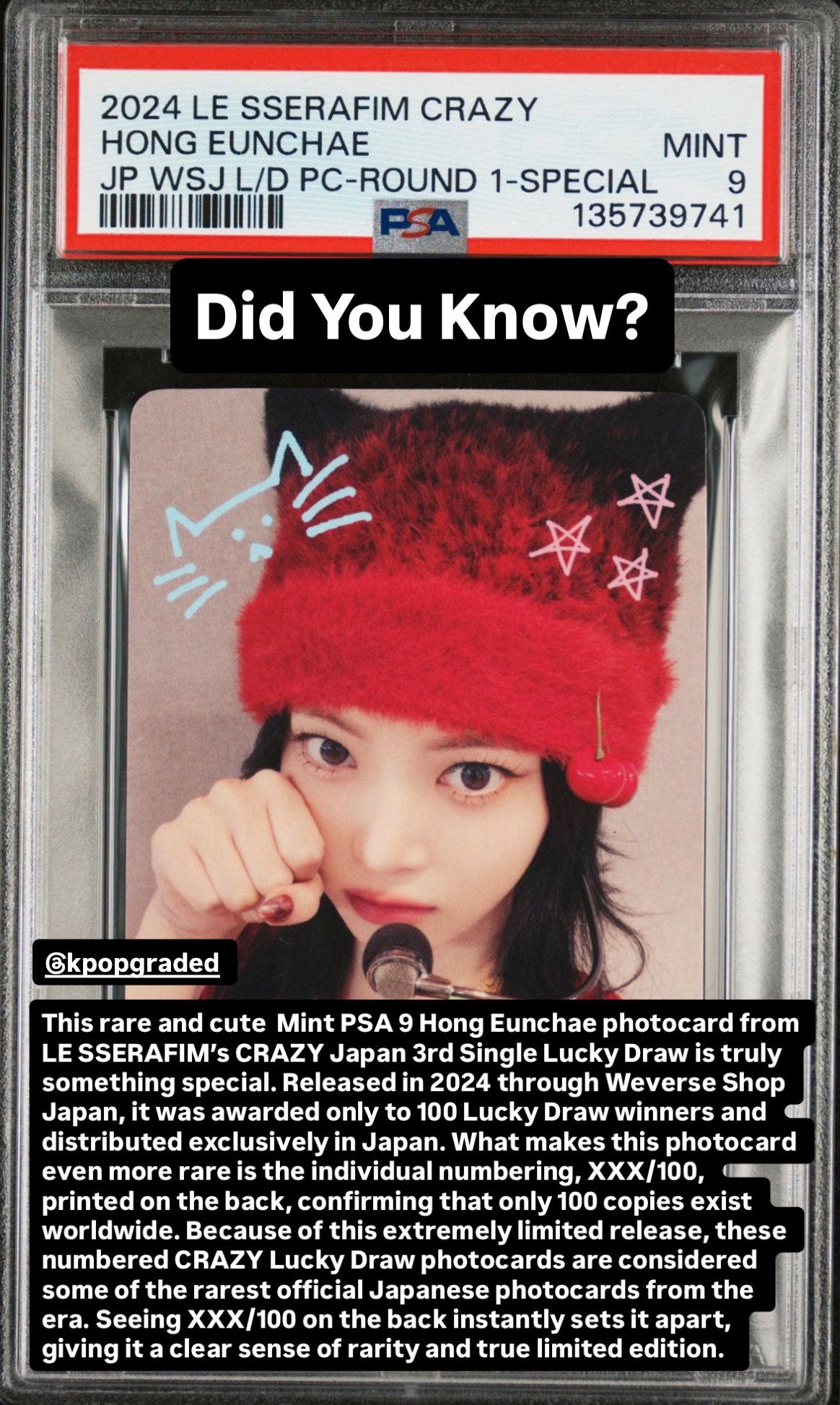 HONG EUNCHAE 2024 LE SSERAFIM CRAZY JAPAN 3RD SINGLE WEVERSE SHOP JAPAN LUCKY DRAW PHOTOCARD ROUND 1-SPECIAL MINT PSA 9