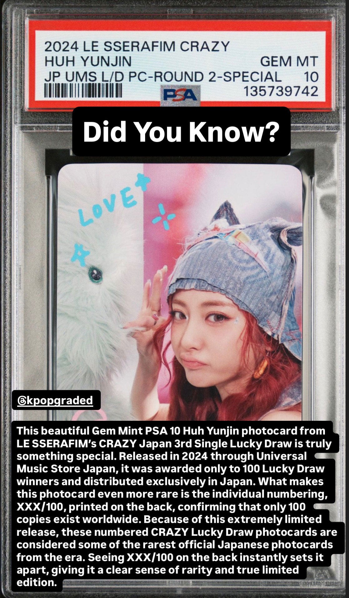 HUH YUNJIN 2024 LE SSERAFIM CRAZY JAPAN 3RD SINGLE UNIVERSAL MUSIC STORE LUCKY DRAW PHOTOCARDS ROUND 2-SPECIAL GEM MINT PSA 10