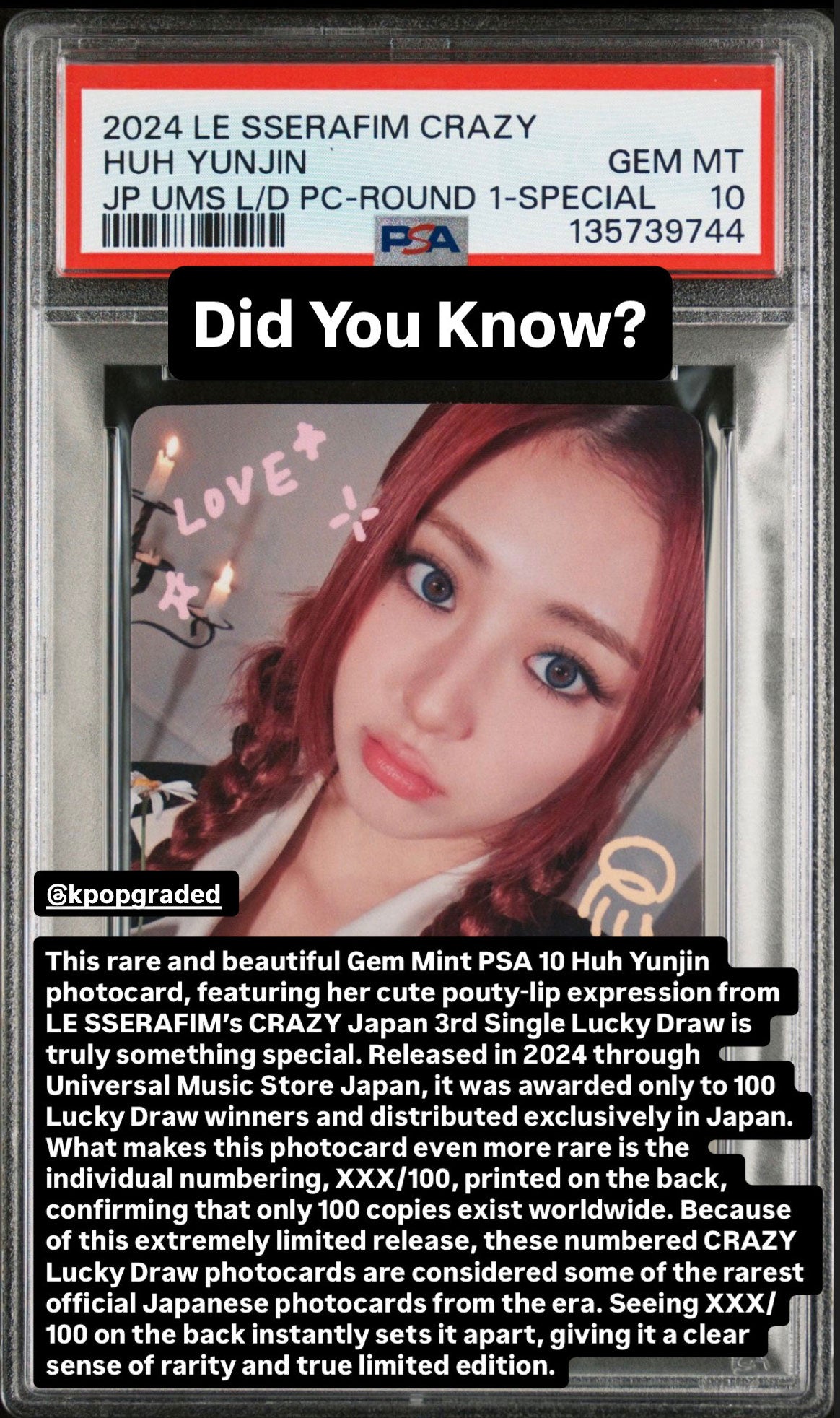 HUH YUNJIN 2024 LE SSERAFIM CRAZY JAPAN 3RD SINGLE UNIVERSAL MUSIC STORE LUCKY DRAW PHOTOCARDS ROUND 1-SPECIAL GEM MINT PSA 10