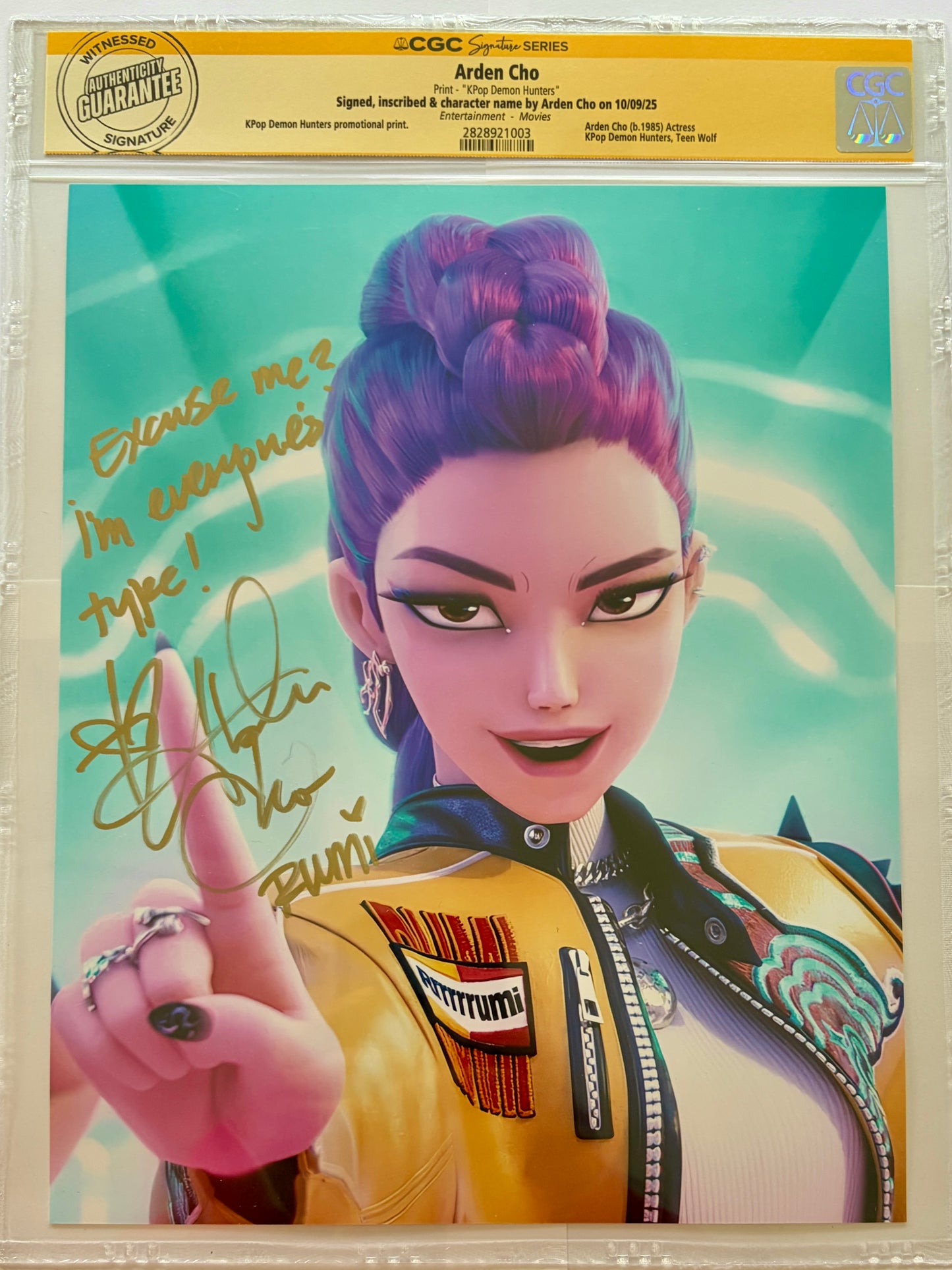 ARDEN CHO "RUMI" FROM NETFLIX K-POP DEMON HUNTERS CGC AUTHENTICATED SIGNED 8X10 WITH MOVIE LINE INSCRIPTION EXCUSE ME? I'M EVERYONE'S TYPE!