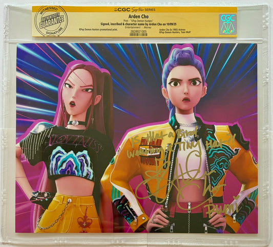ARDEN CHO "RUMI" FROM NETFLIX K-POP DEMON HUNTERS CGC AUTHENTICATED SIGNED 8X10 WITH MOVIE LINE INSCRIPTION "IS THAT A BIRD WEARING A TINY HAT?! 
