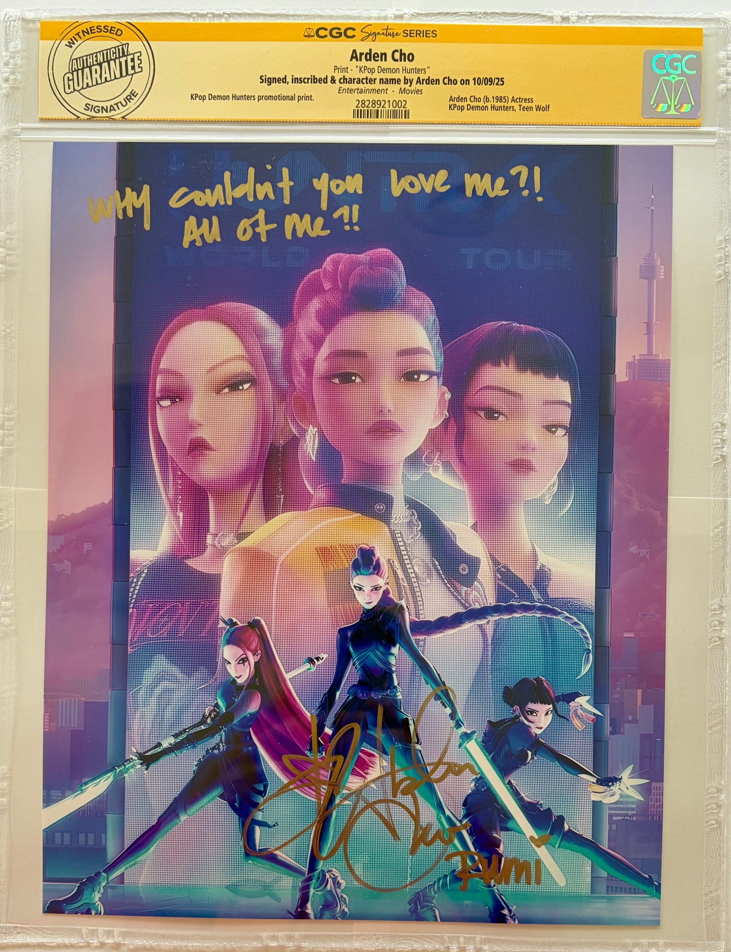ARDEN CHO "RUMI" FROM NETFLIX K-POP DEMON HUNTERS CGC AUTHENTICATED SIGNED 8X10 WITH MOVIE LINE INSCRIPTION  WHY COULDN'T YOU LOVE ME?! ALL OF ME!!