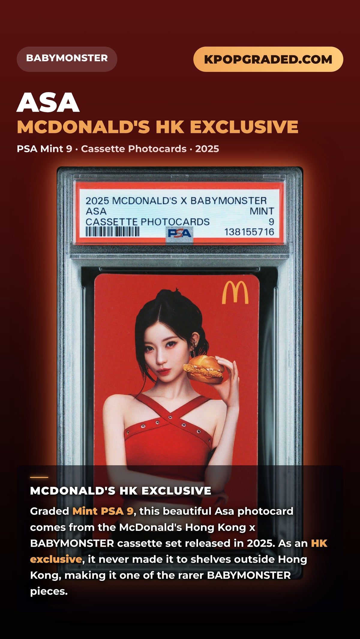 ASA 2025 MCDONALD'S X BABYMONSTER CASSETTE PHOTOCARD MINT PSA 9