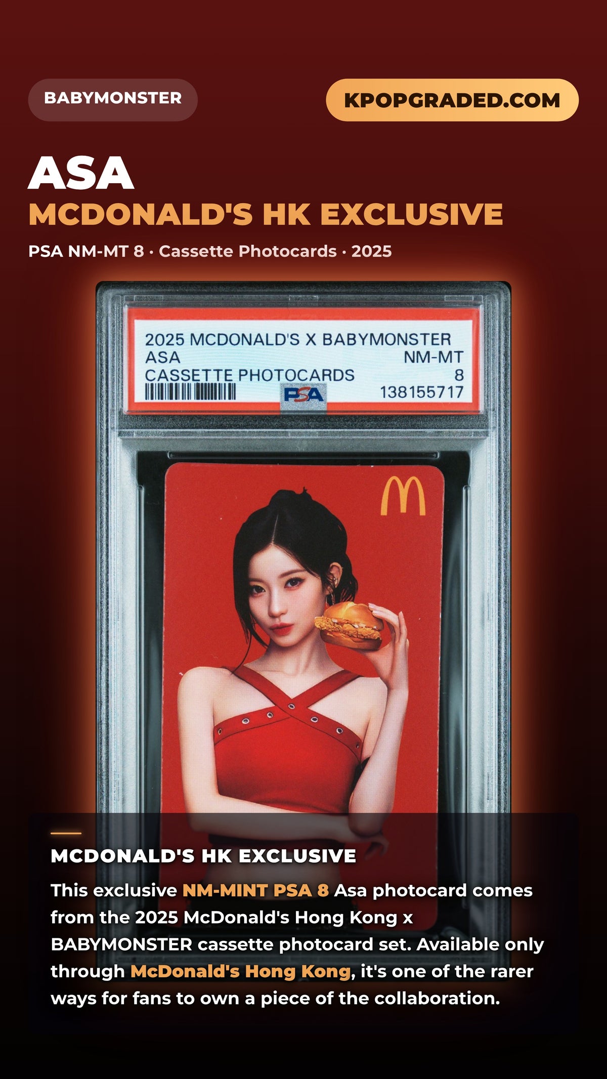 ASA 2025 MCDONALD'S X BABYMONSTER CASSETTE PHOTOCARD NM - MINT PSA 8