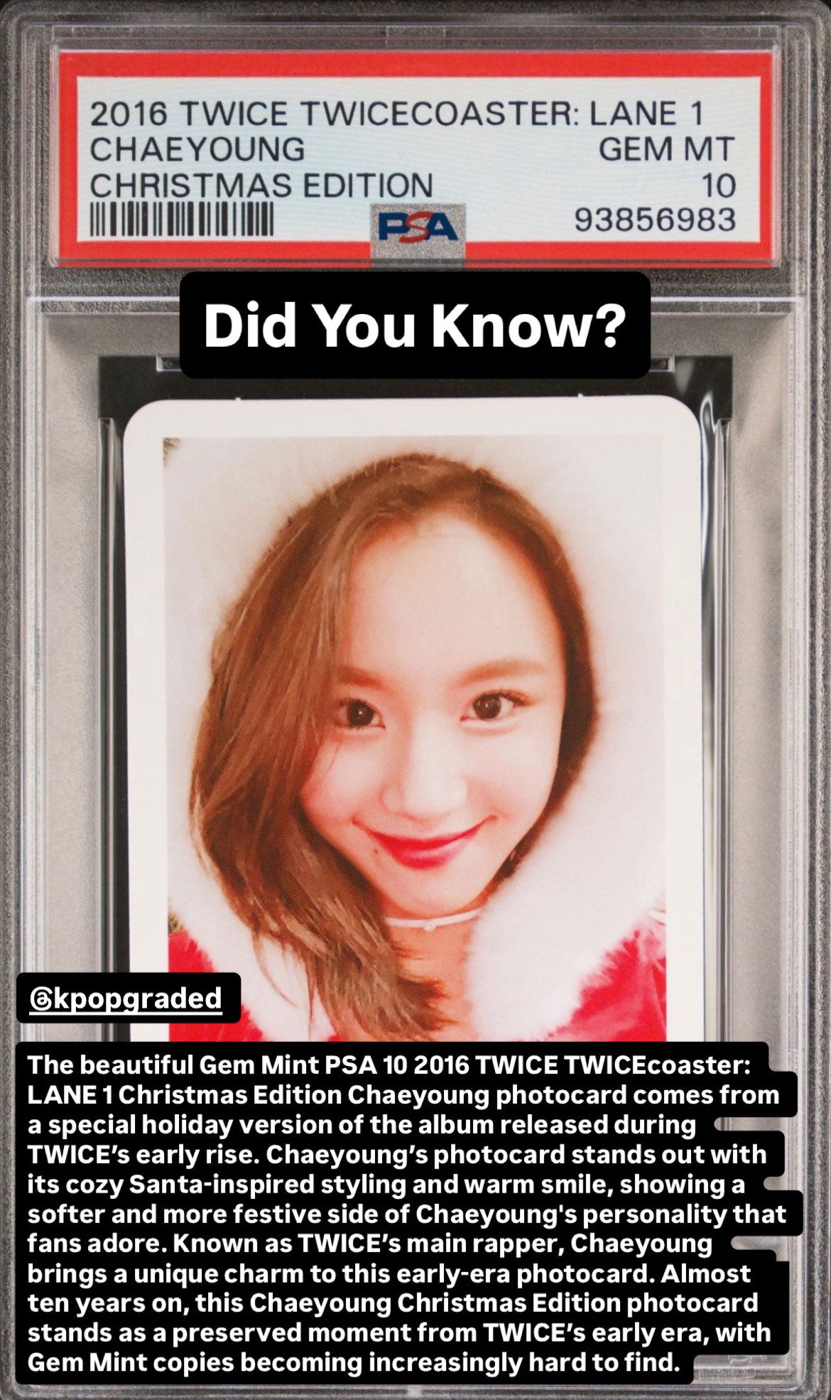 CHAEYOUNG CHRISTMAS EDITION PHOTOCARD 2016 TWICE TWICECOASTER: LANE 1 GEM MINT PSA 10