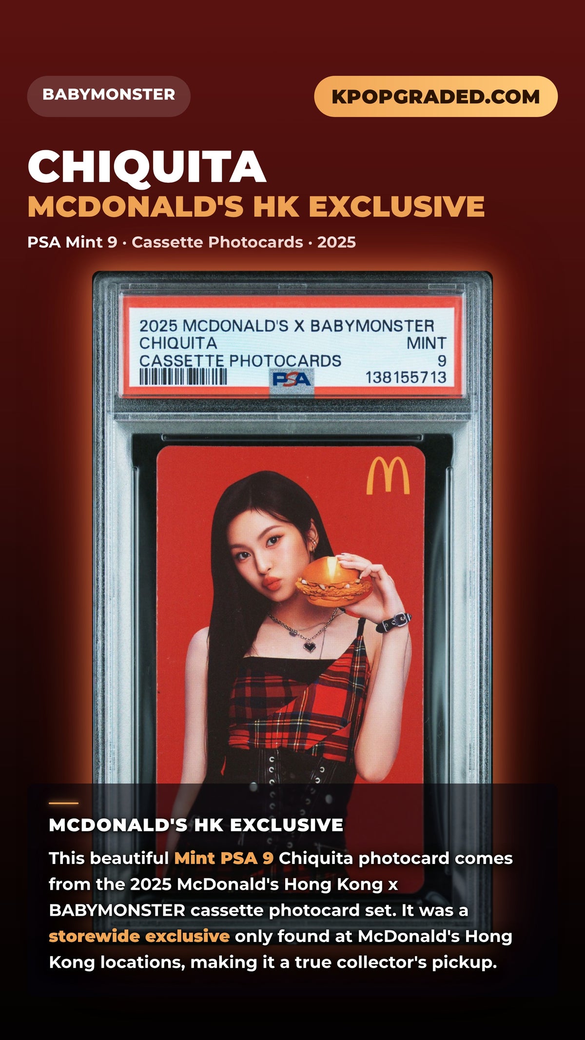 CHIQUITA 2025 MCDONALD'S X BABYMONSTER CASSETTE PHOTOCARD MINT PSA 9