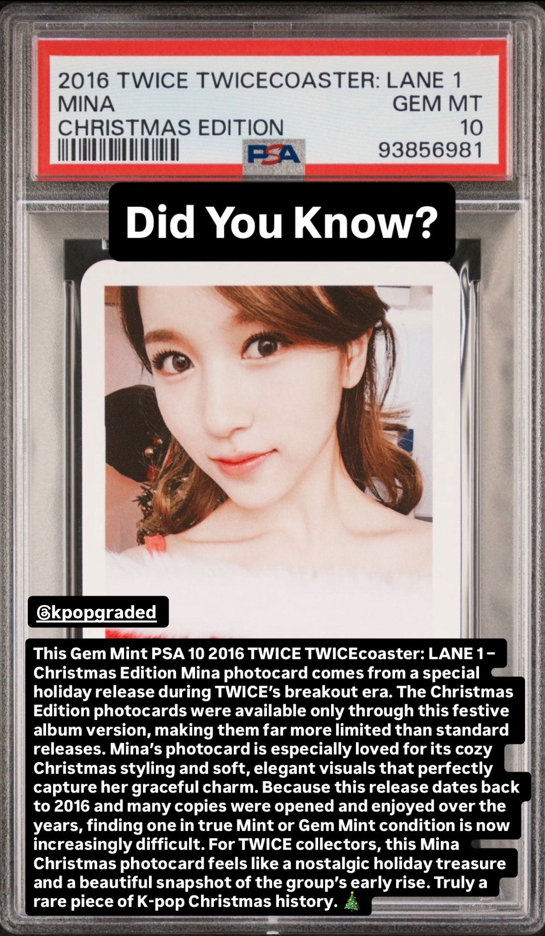 MINA CHRISTMAS EDITION PHOTOCARD 2016 TWICE TWICECOASTER: LANE 1 PHOTOCARD GEM MINT PSA 10