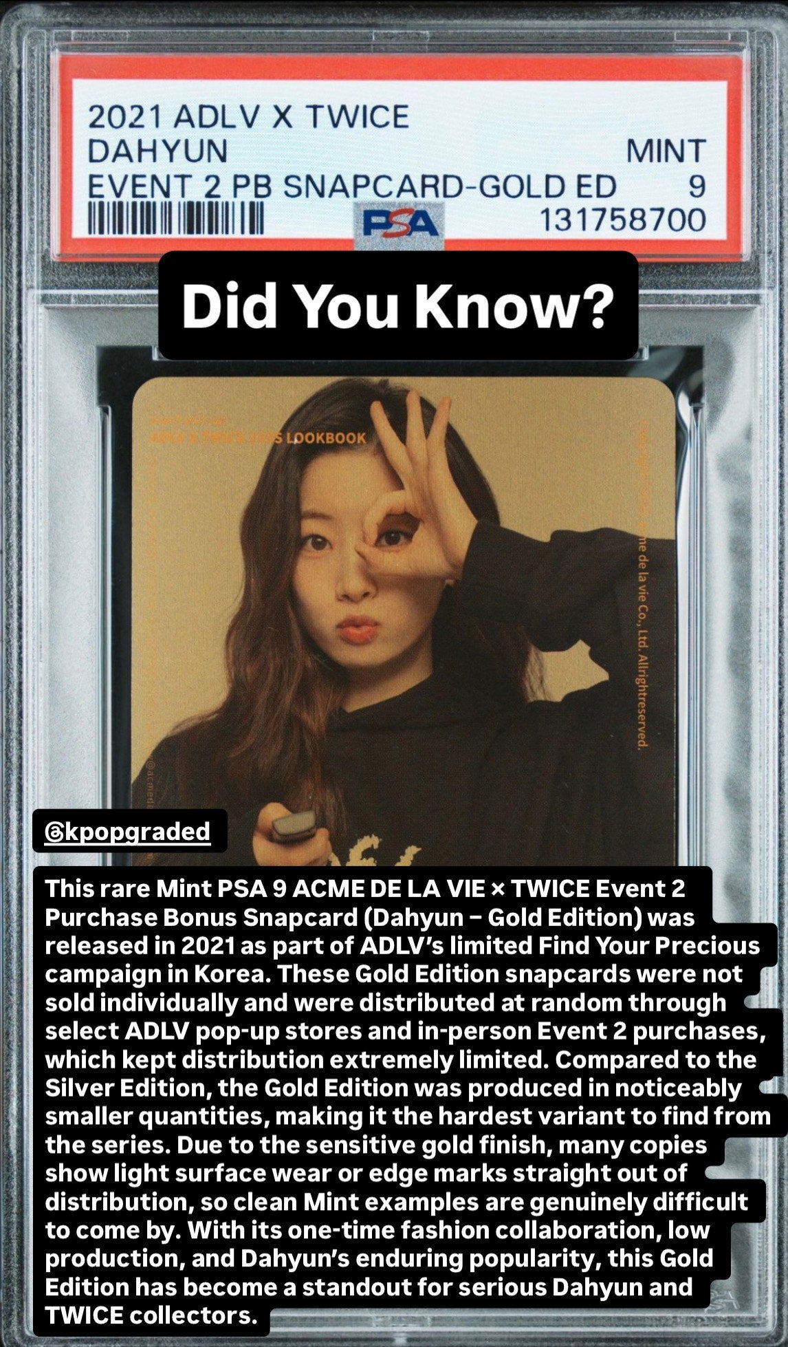 DAHYUN TWICE 2021 ADLV X TWICE EVENT 2 PURCHASE BONUS-GOLD EDITION MINT PSA 9