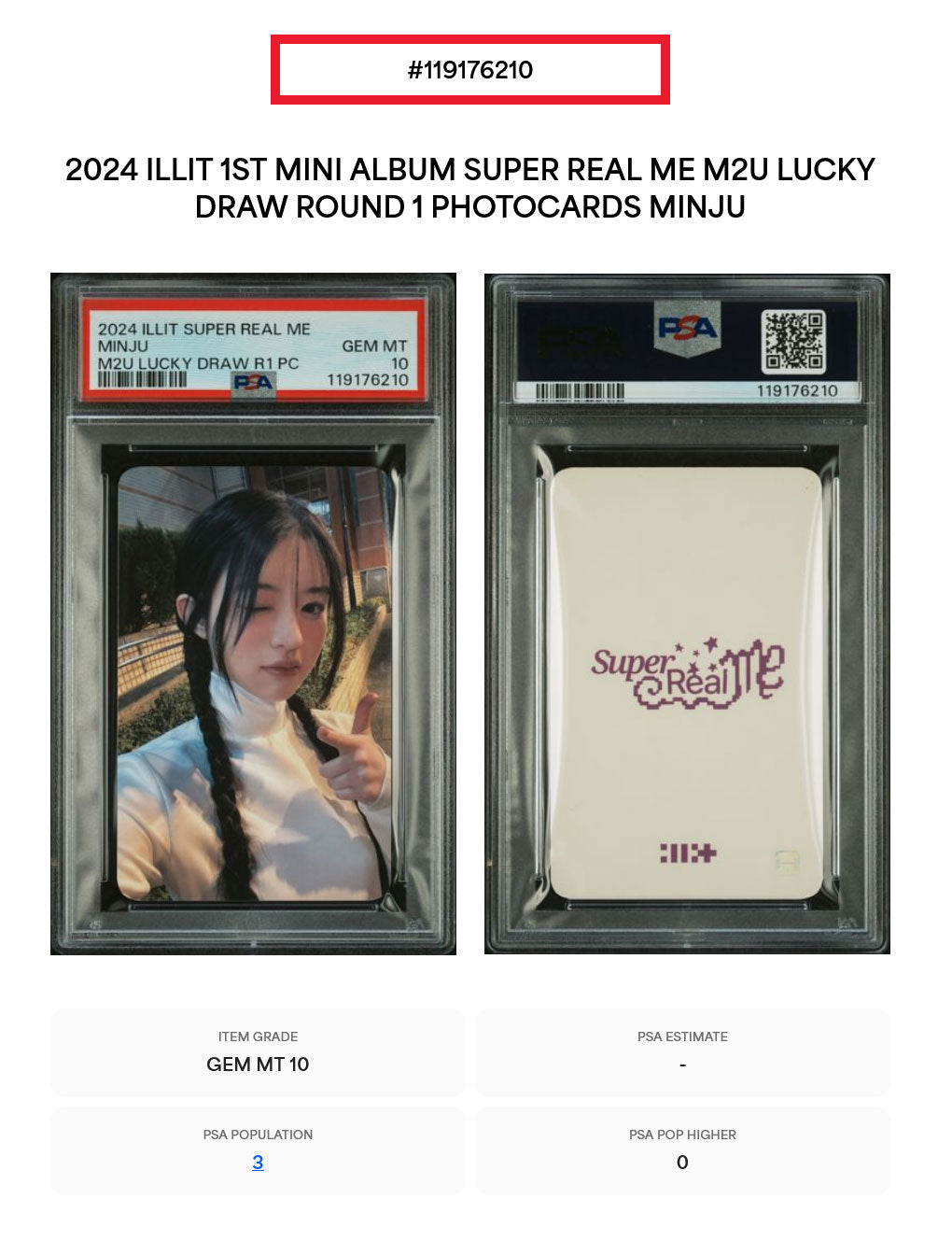 MINJU ILLIT 2024 1ST MINI ALBUM SUPER REAL ME M2U LUCKY DRAW ROUND 1 PHOTOCARD GEM MINT PSA 10