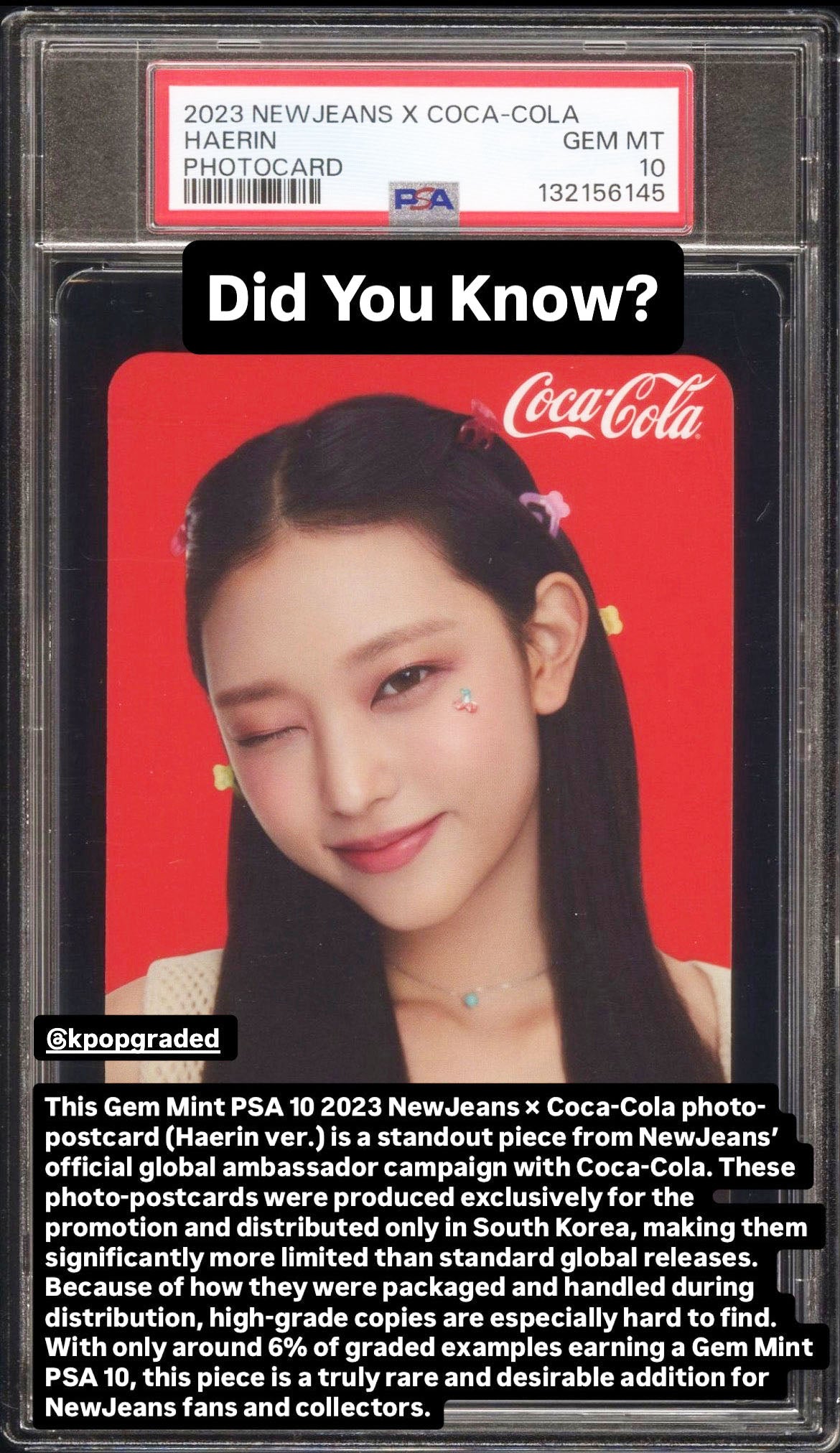 HAERIN 2023 NEWJEANS X COCA-COLA PHOTOCARDS GEM MINT PSA 10