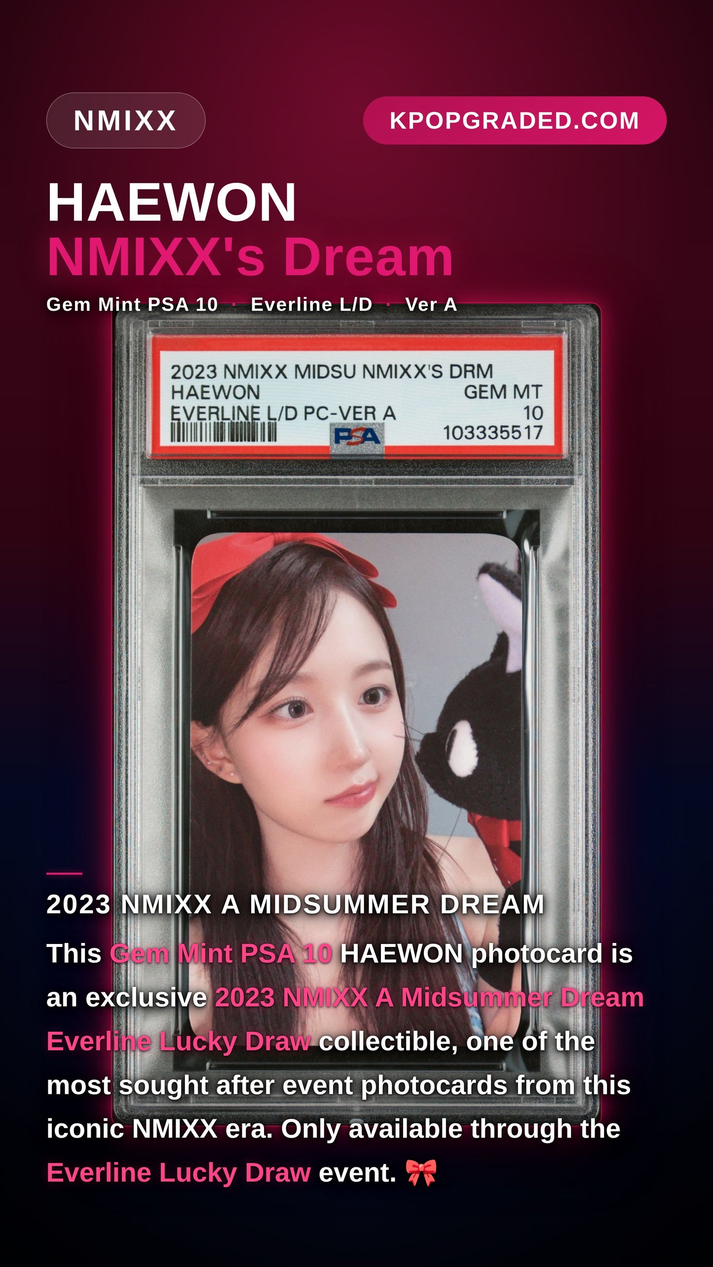HAEWON 2023 NMIXX 3RD SINGLE ALBUM A MIDSUMMER DREAM EVERLINE LUCKY DRAW PHOTOCARD-VER A GEM MINT PSA 10