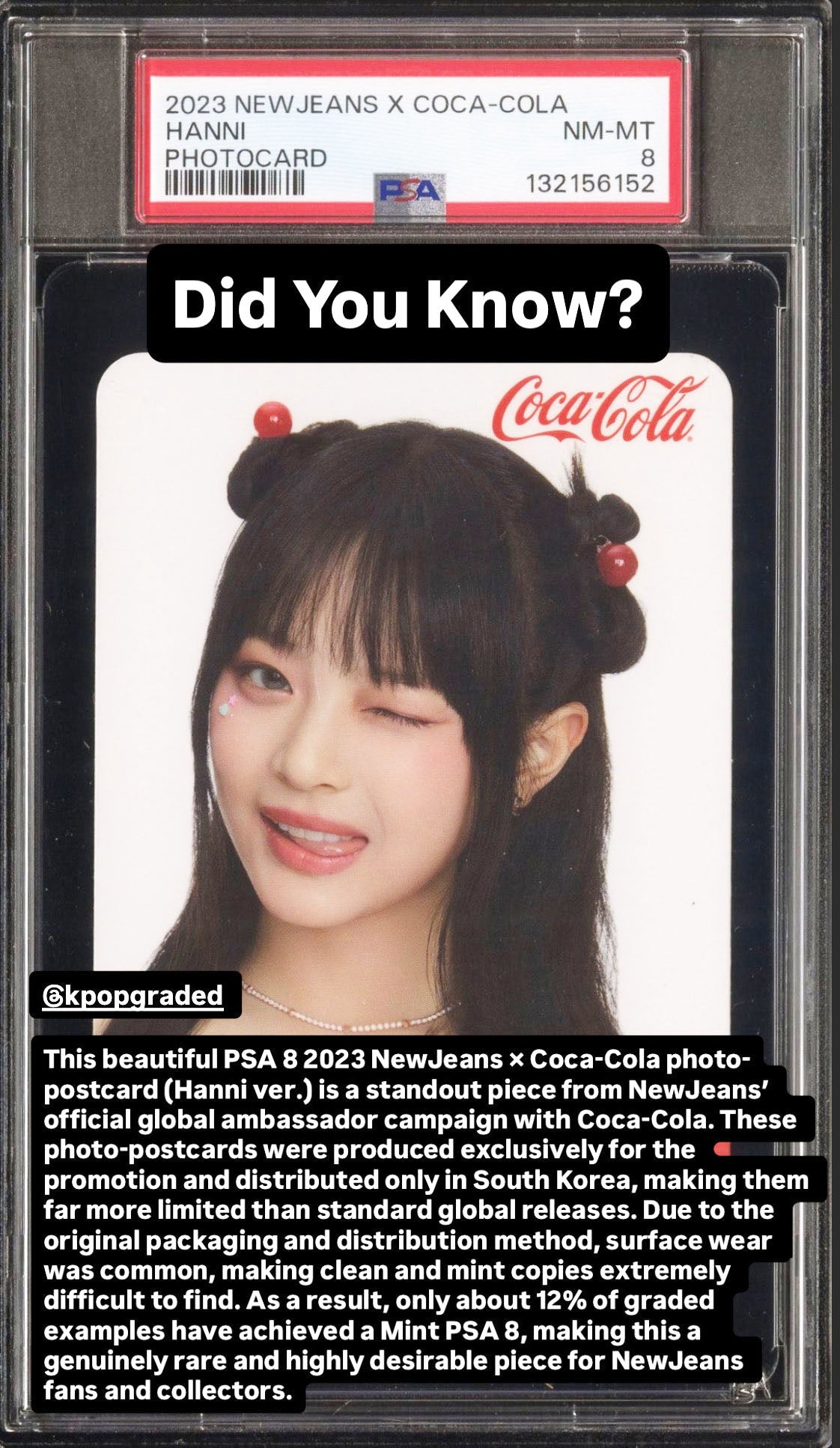 HANNI 2023 NEWJEANS X COCA-COLA PHOTOCARDS NEAR MINT - MINT PSA 8