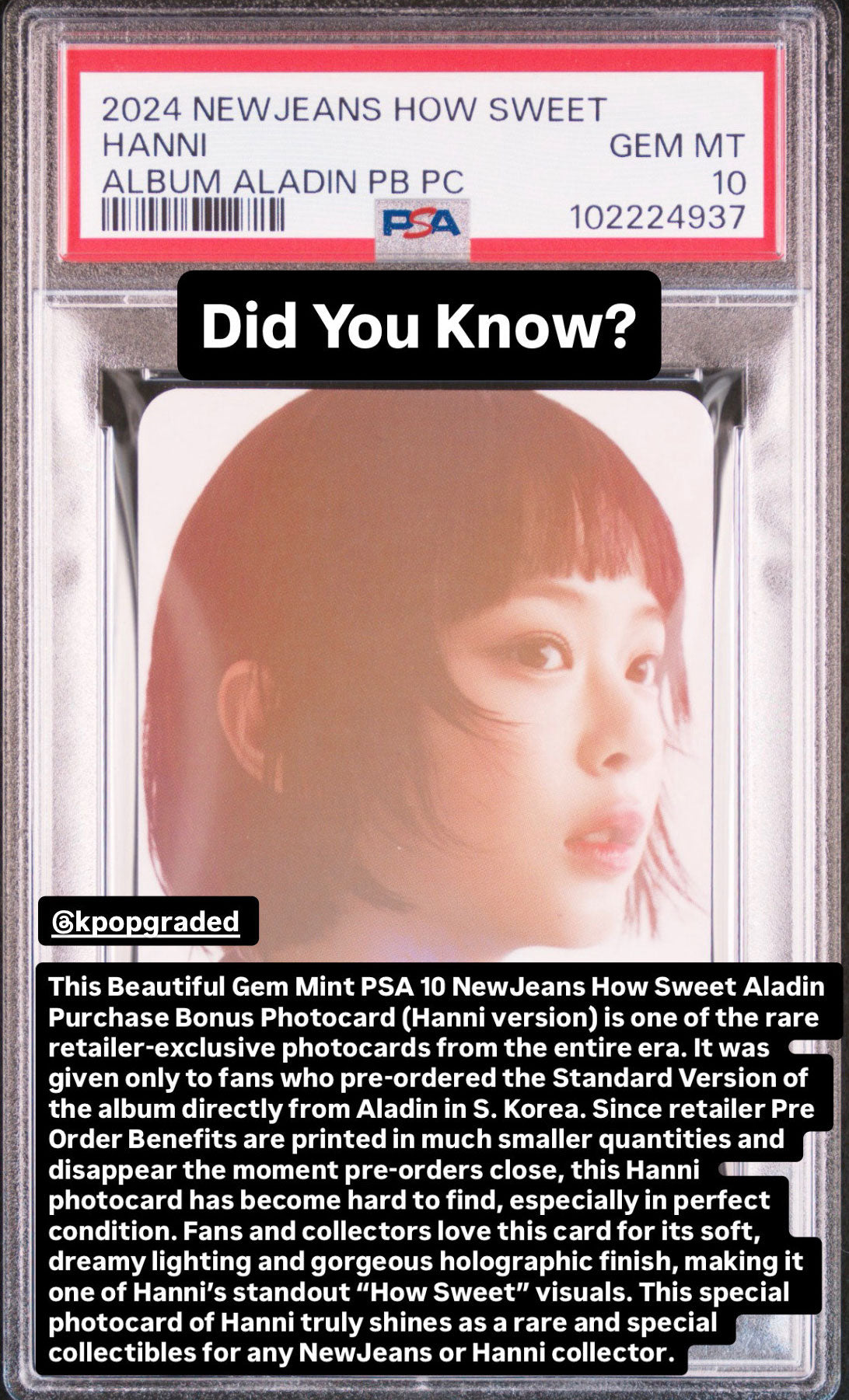 HANNI 2024 NEWJEANS HOW SWEET STANDARD VERSON PURCHASE BONUS ALADIN PHOTOCARD GEM MINT PSA 10