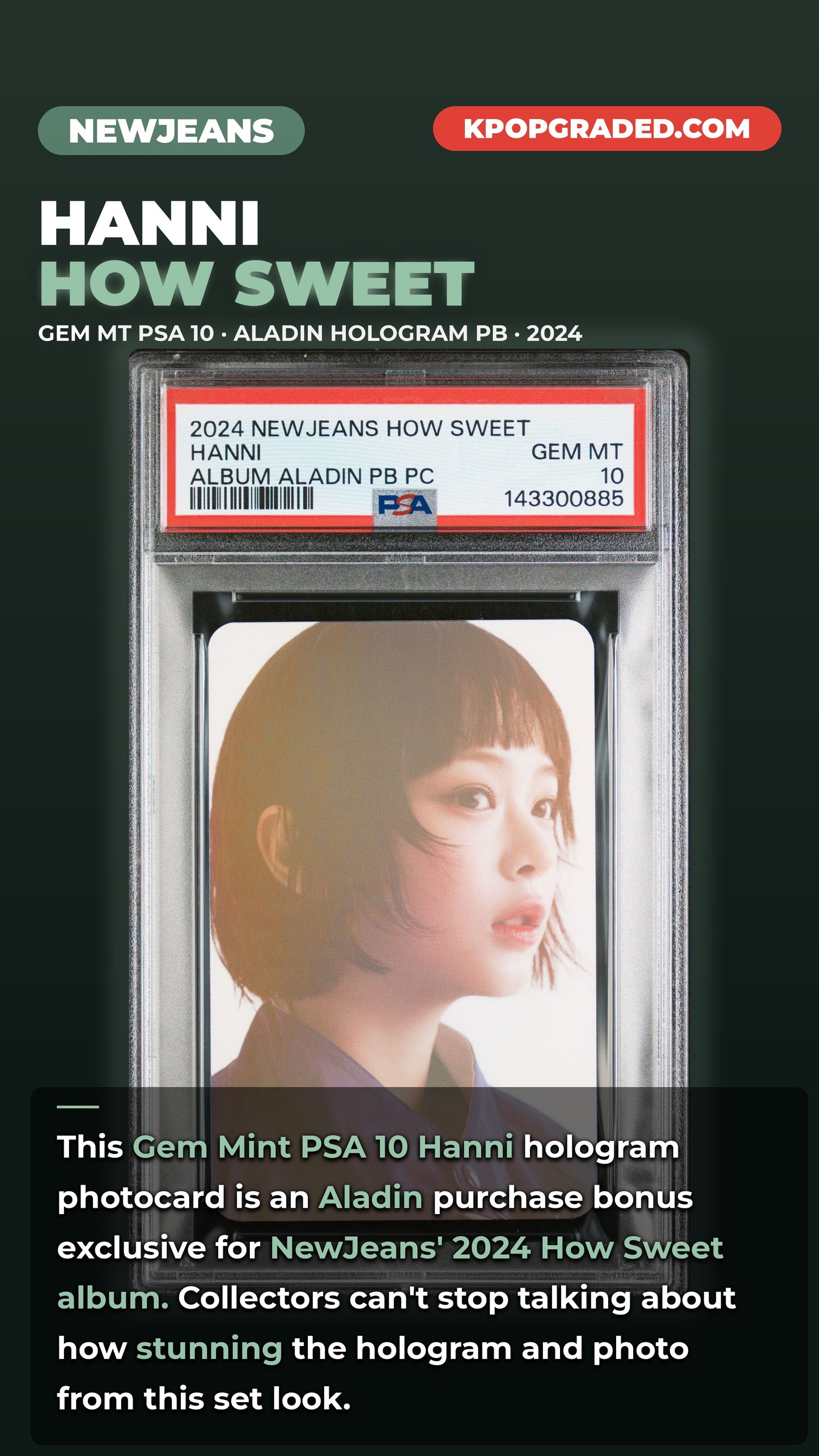HANNI 2024 NEWJEANS HOW SWEET STANDARD VERSON PURCHASE BONUS ALADIN PHOTOCARD GEM MINT PSA 10