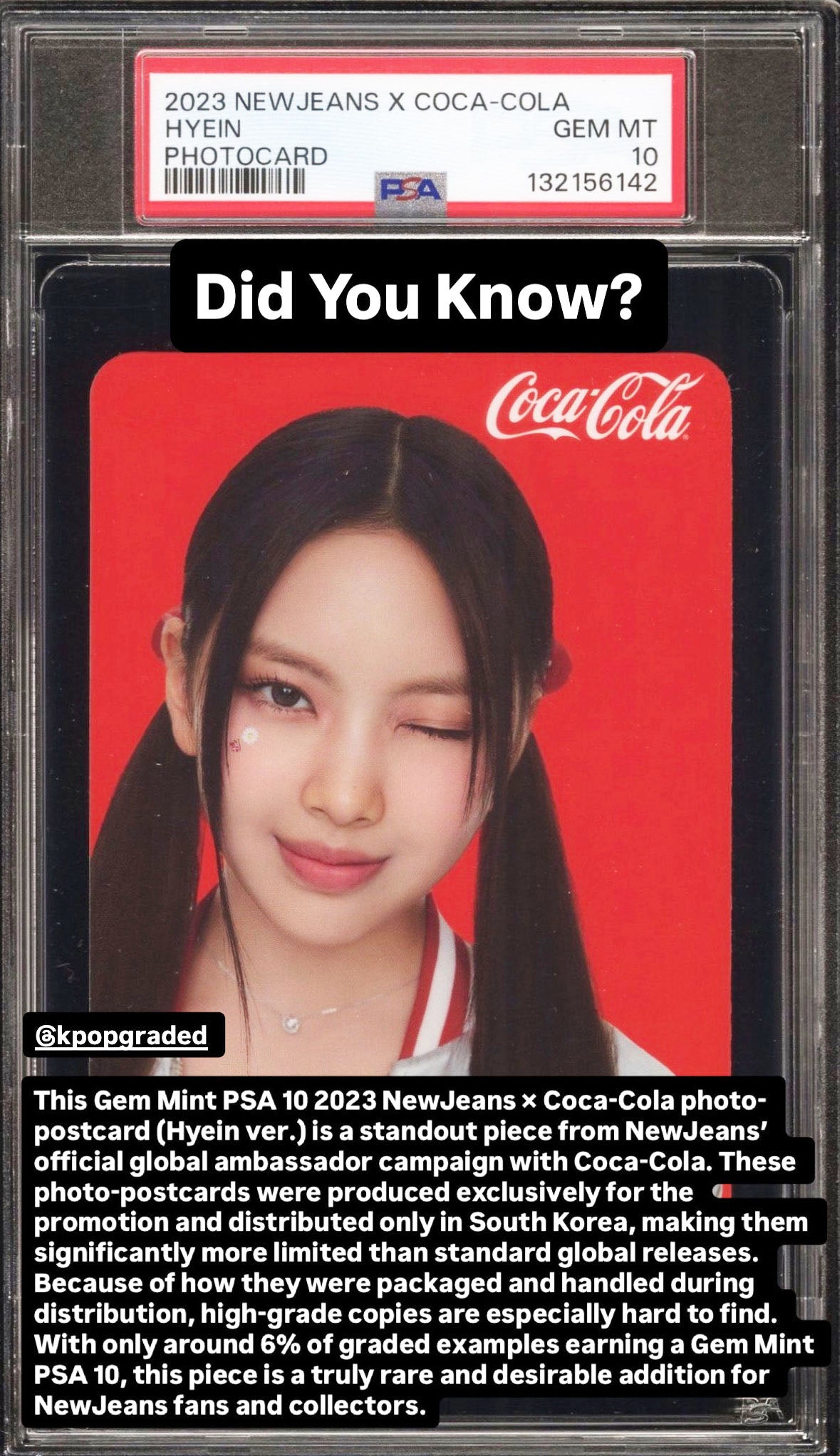HYEIN 2023 NEWJEANS X COCA-COLA PHOTOCARDS GEM MINT PSA 10