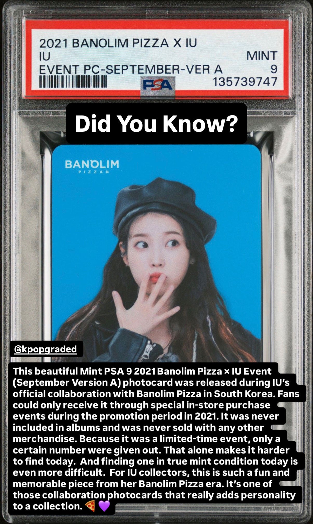 IU 2021 BANOLIM PIZZA X IU EVENT PHOTOCARDS SEPTEMBER-VERSION A MINT PSA 9