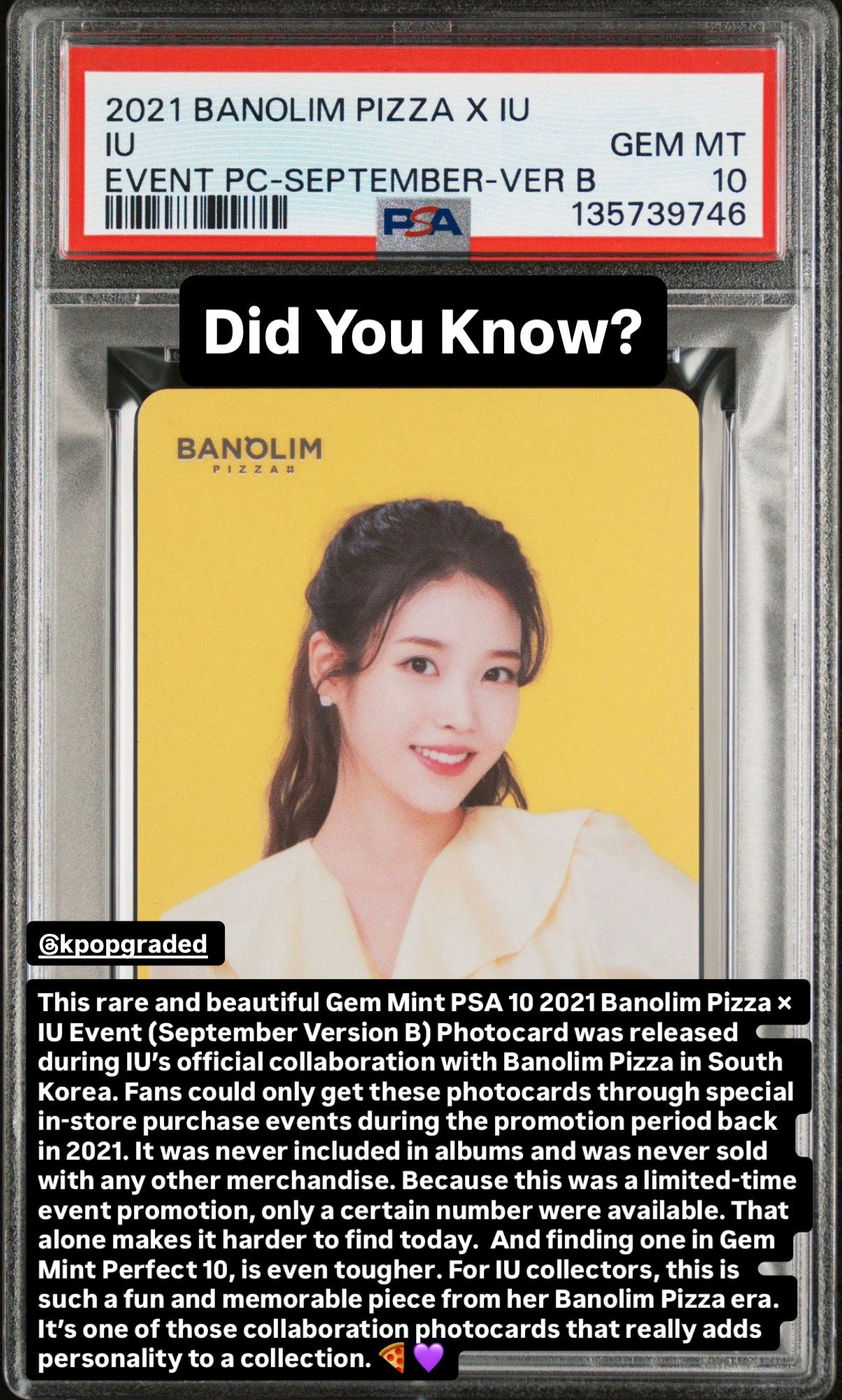 IU 2021 BANOLIM PIZZA X IU EVENT PHOTOCARDS SEPTEMBER-VERSION B GEM MINT PSA 10