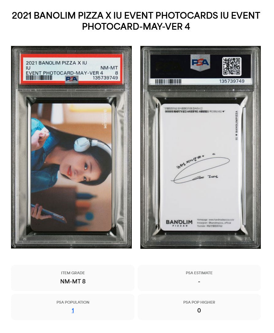 IU 2021 BANOLIM PIZZA X IU EVENT PHOTOCARDS MAY-VERSION 4 NEAR MINT-MINT PSA 8