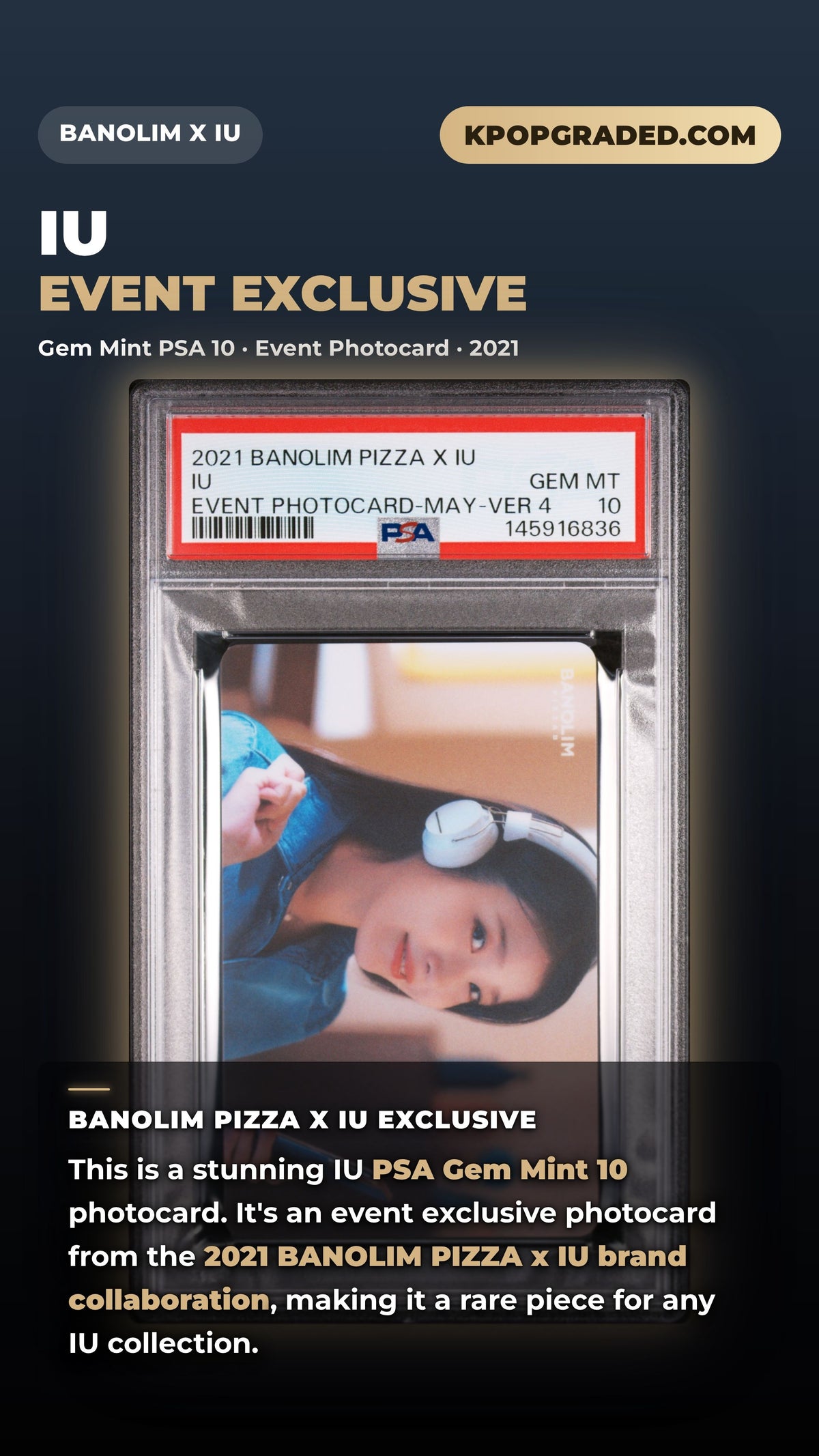 IU 2021 BANOLIM PIZZA X IU EVENT PHOTOCARDS MAY-VERSION 4 GEM MINT PSA 10