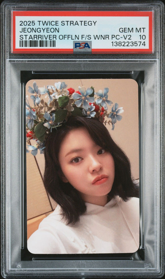 JEONGYEON 2025 TWICE 14TH MINI ALBUM STRATEGY STARRIVER OFFLINE FANSIGN WINNER BONUS SELFIE PHOTOCARDS VERSION 2 GEM MINT PSA 10