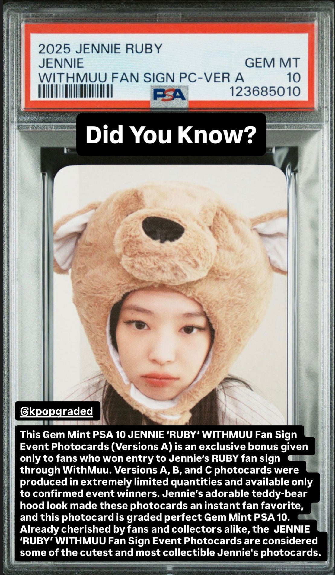 JENNIE 1ST STUDIO ALBUM RUBY WITHMUU FAN SIGN EVENT PHOTOCARDS JENNIE WITHMUU FAN SIGN PC-VER A GEM MINT PSA 10