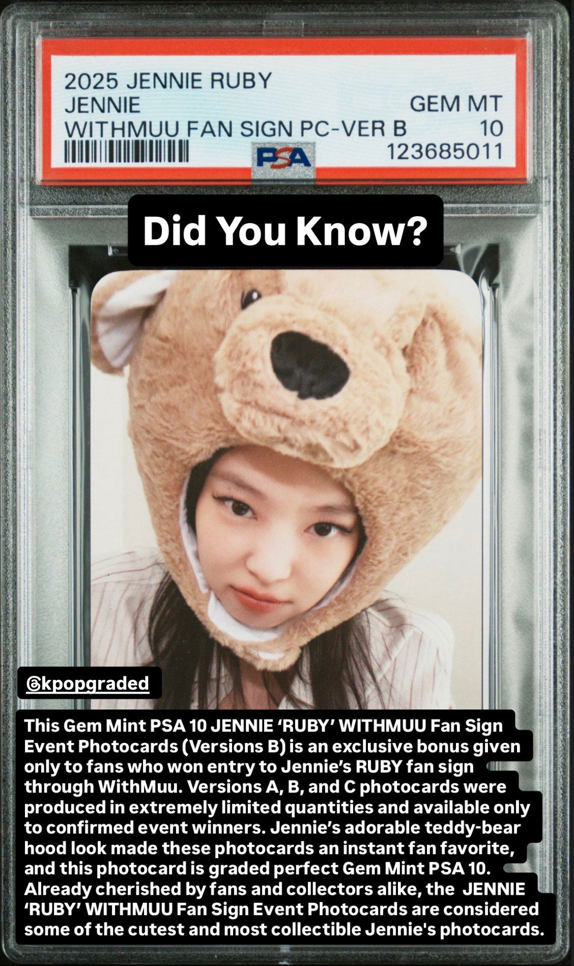 JENNIE 1ST STUDIO ALBUM RUBY WITHMUU FAN SIGN EVENT PHOTOCARDS JENNIE WITHMUU FAN SIGN PC-VER B GEM MINT PSA 10