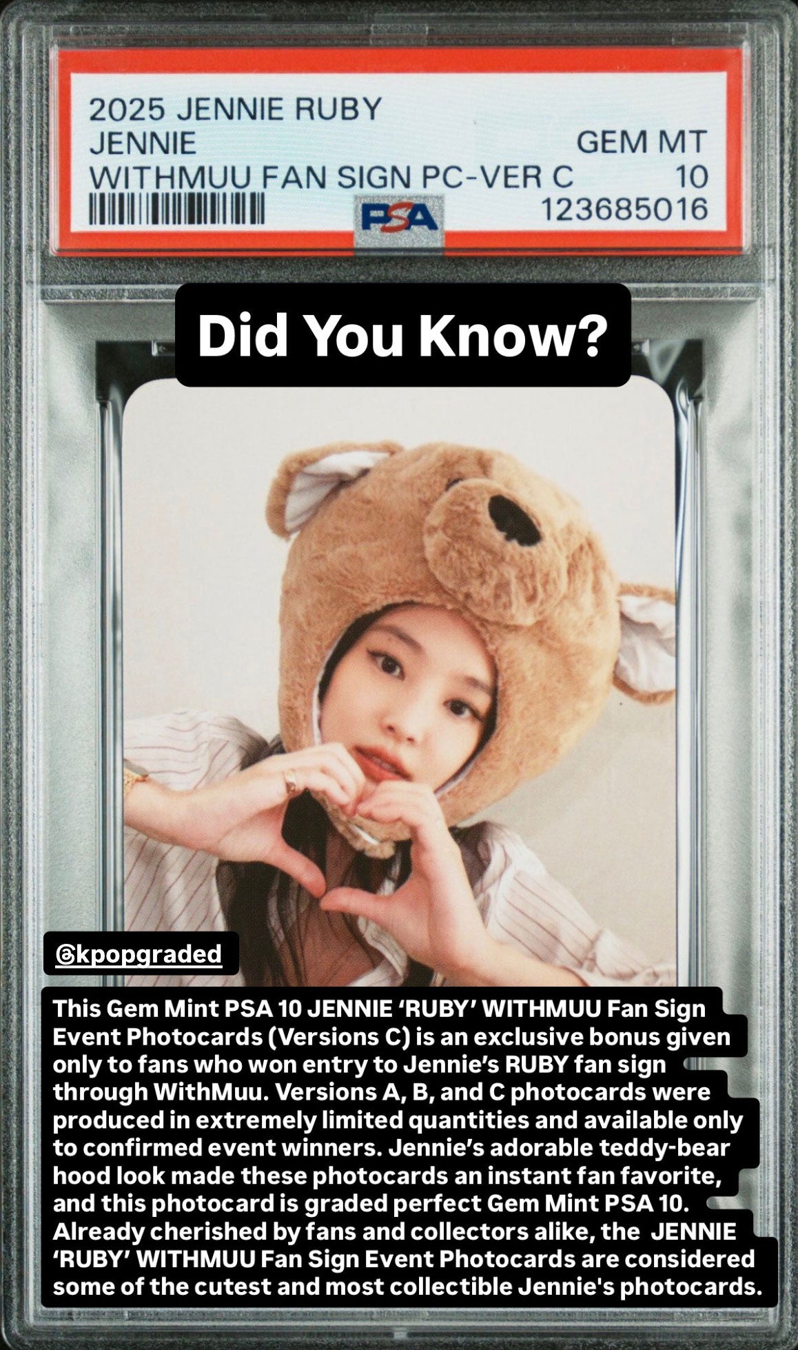 JENNIE 1ST STUDIO ALBUM RUBY WITHMUU FAN SIGN EVENT PHOTOCARDS JENNIE WITHMUU FAN SIGN PC-VER C GEM MINT PSA 10