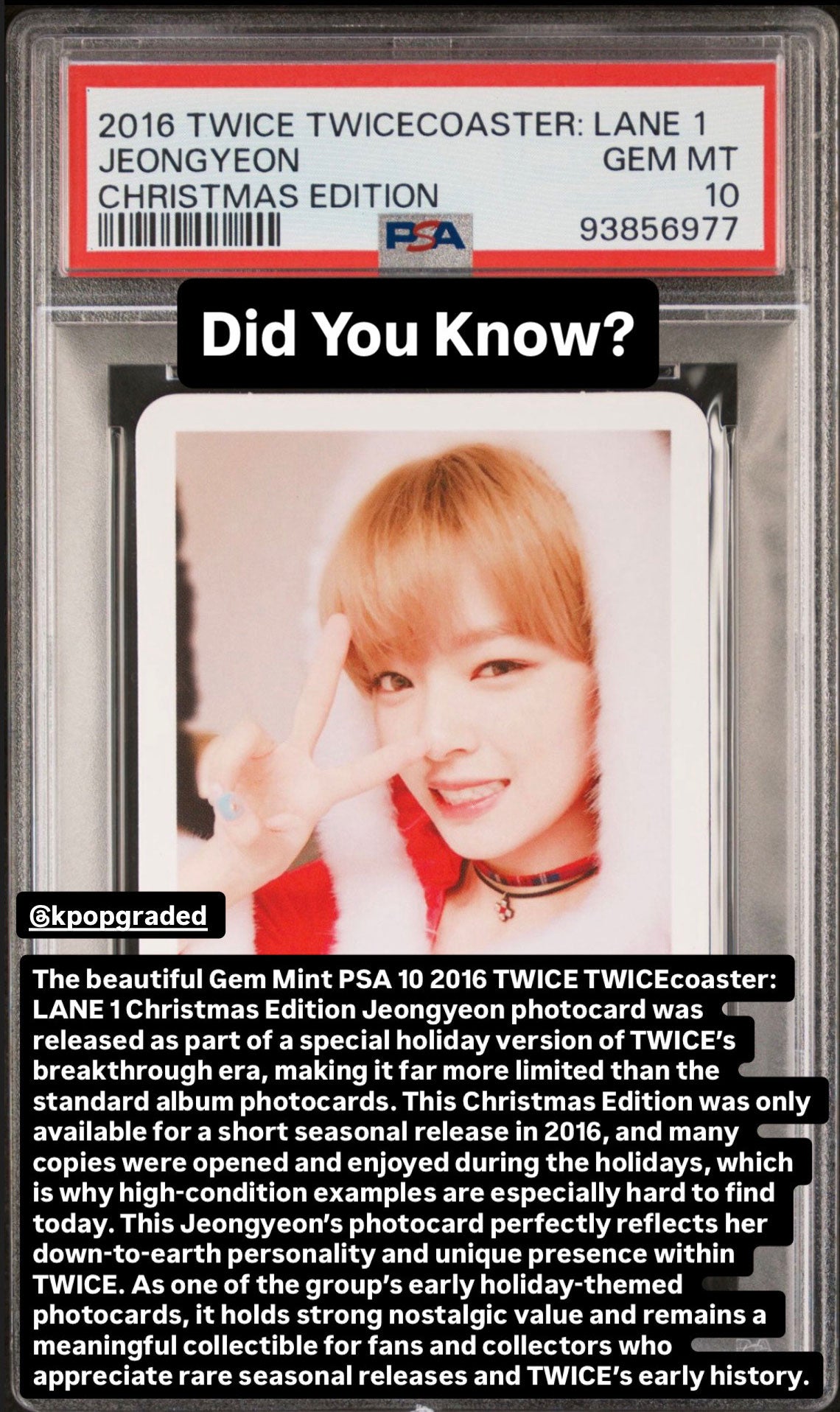 JEONGYEON CHRISTMAS EDITION PHOTOCARD2016 TWICE TWICECOASTER: LANE 1 PSA GEM MINT 10