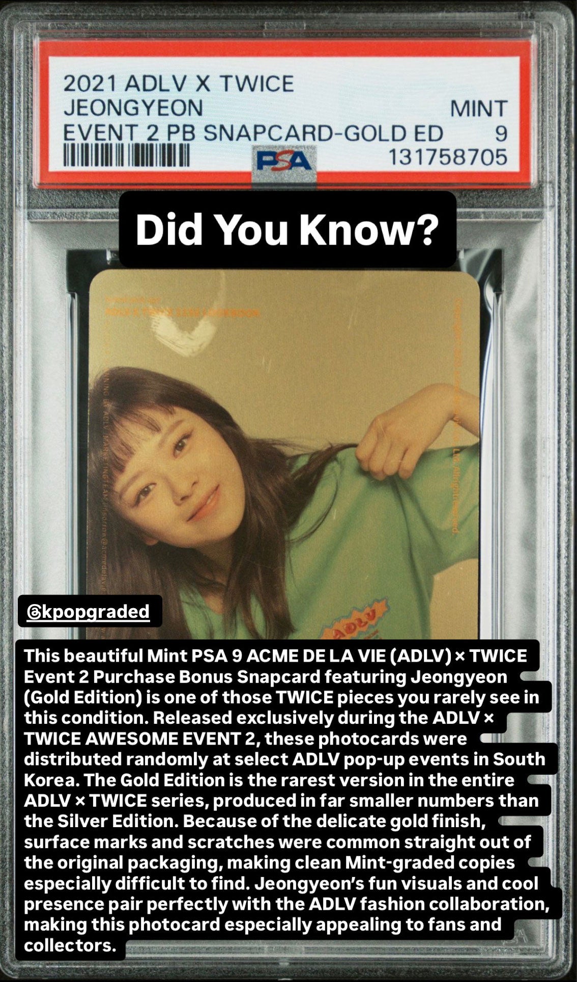 JEONGYEON TWICE 2021 ADLV X TWICE EVENT 2 PURCHASE BONUS-GOLD EDITION MINT PSA 9