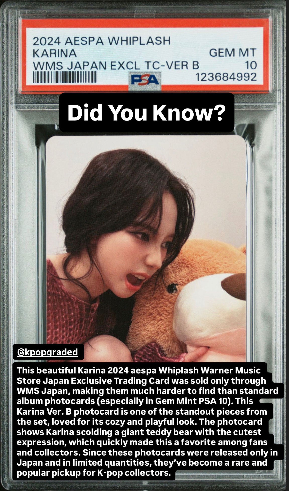 KARINA 2024 AESPA 5TH MINI ALBUM WHIPLASH WARNER MUSIC STORE JAPAN EXCLUSIVE PHOTOCARD VER B GEM MINT PSA 10
