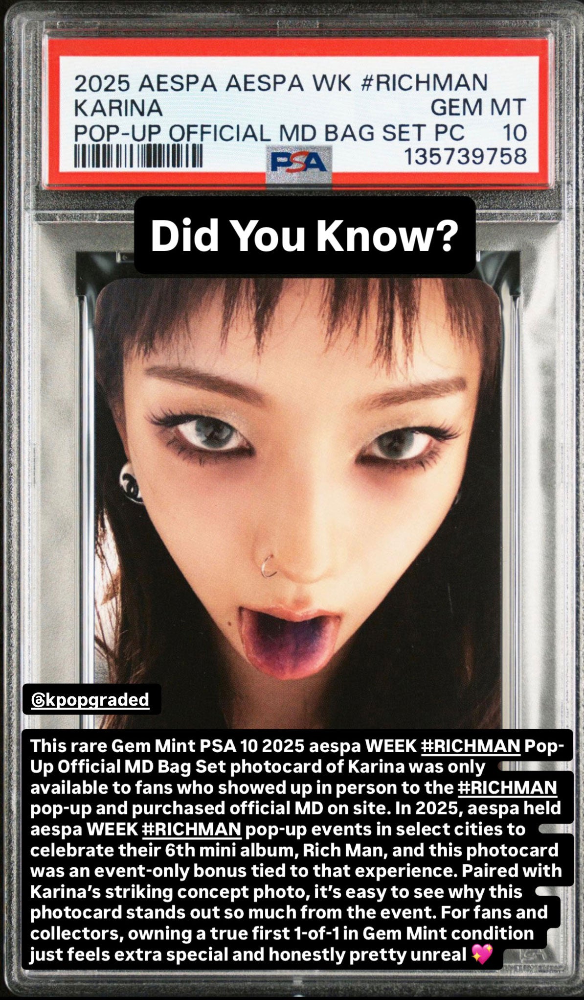 KARINA 2025 AESPA WEEK #RICHMAN POP-UP OFFICIAL MD BAG SET PHOTOCARD GEM MINT PSA 10