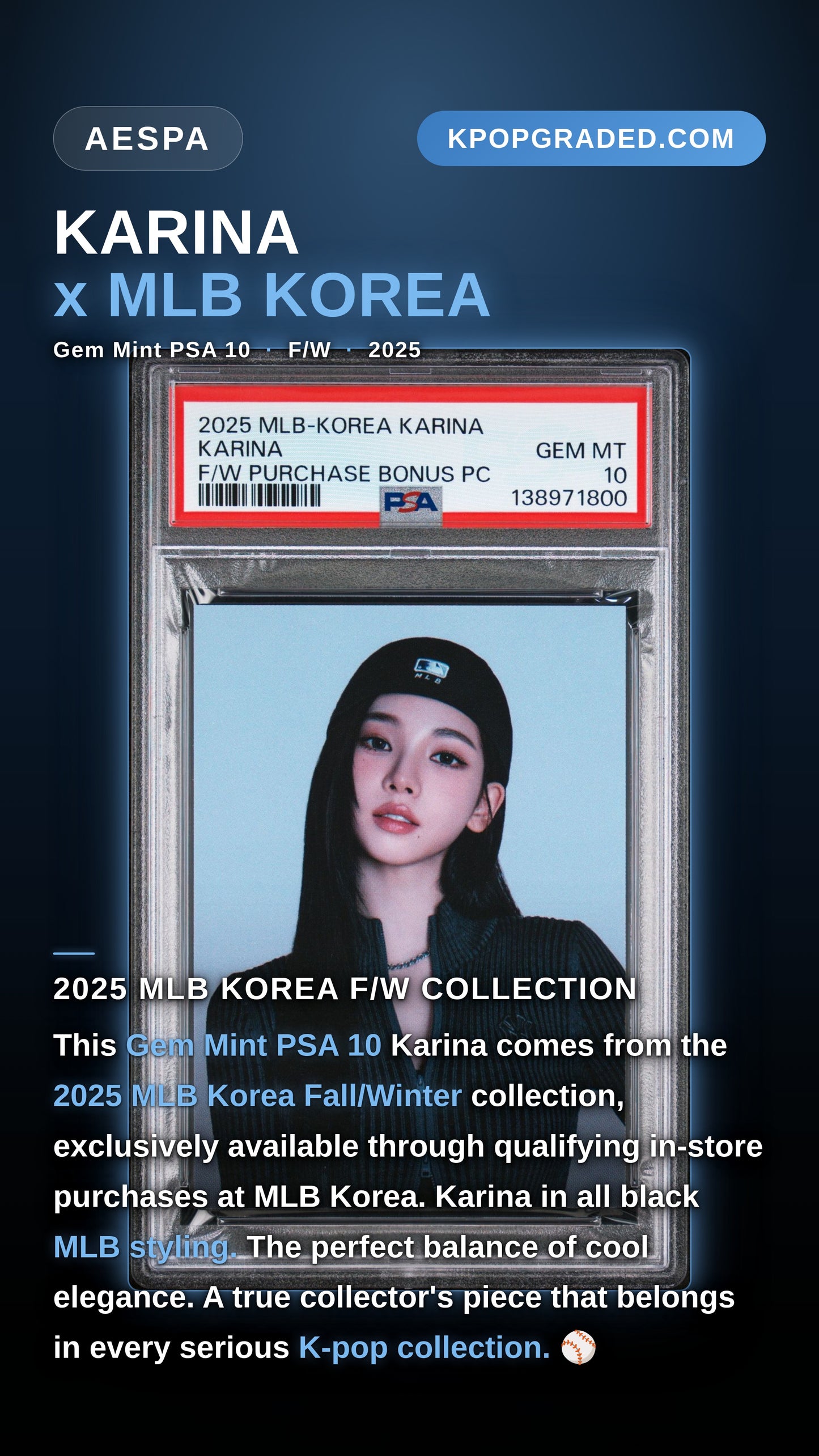 KARINA 2025 MLB-KOREA KARINA FALL/WINTER PURCHASE BONUS PHOTOCARD GEM MINT PSA 10