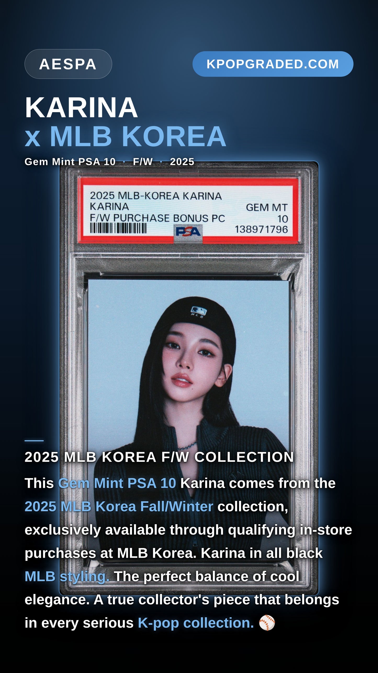 KARINA 2025 MLB-KOREA KARINA FALL/WINTER PURCHASE BONUS PHOTOCARD GEM MINT PSA 10