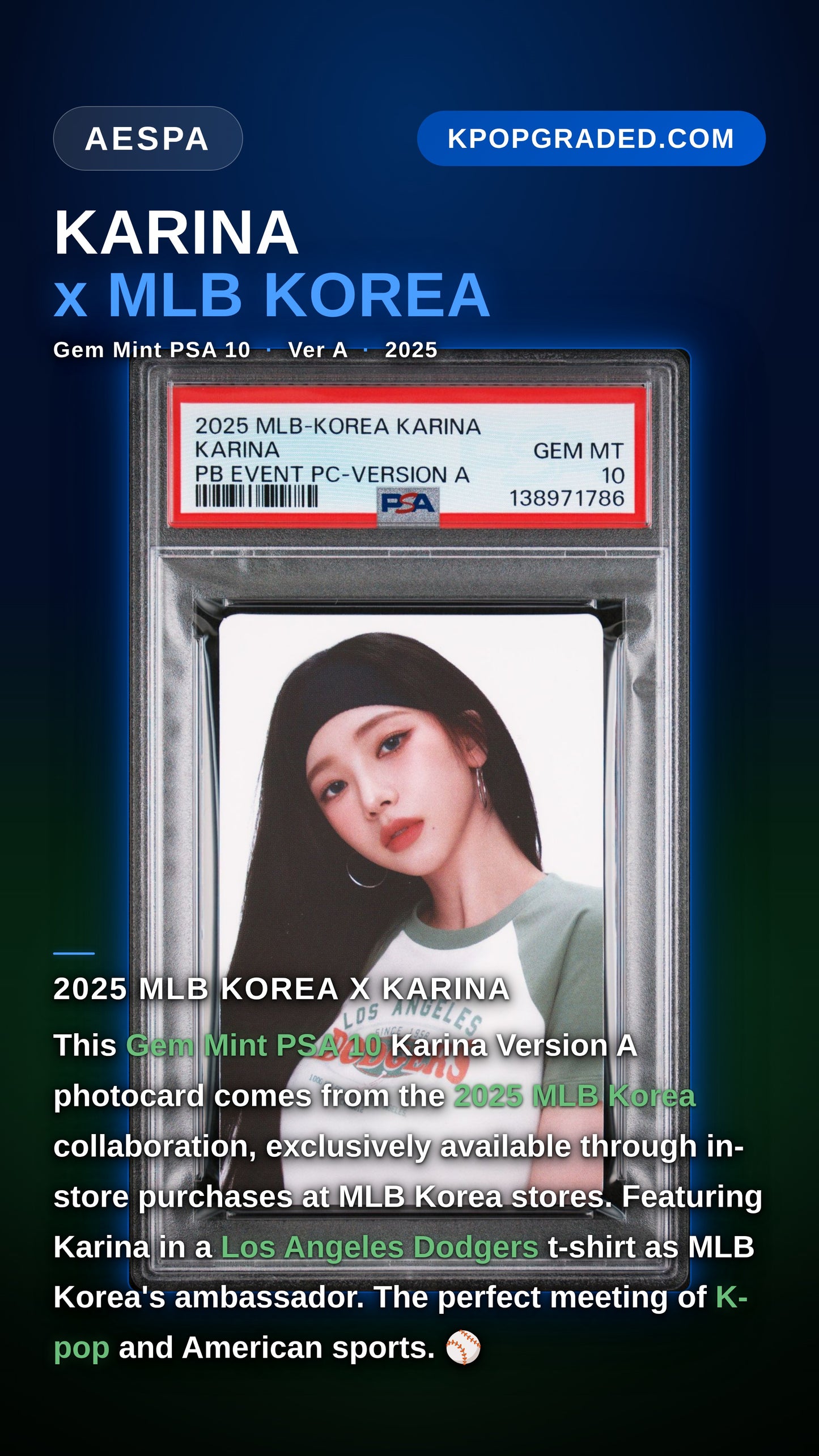 KARINA 2025 MLB KOREA KARINA PURCHASE BONUS EVENT PHOTOCARD VERSION A GEM MINT PSA 10