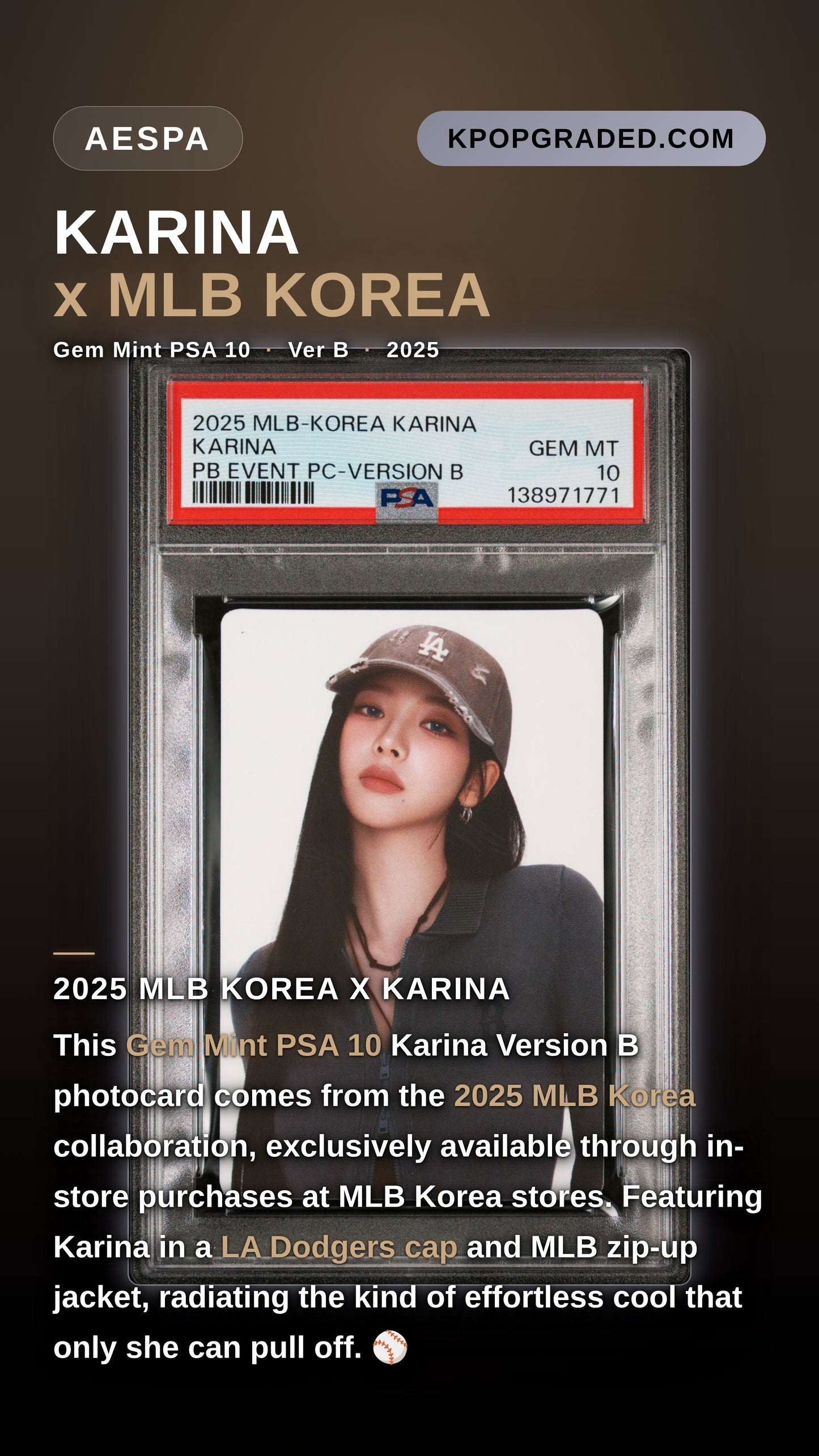 KARINA 2025 MLB-KOREA PURCHASE BONUS EVENT PHOTOCARD VERSION B GEM MINT PSA 10