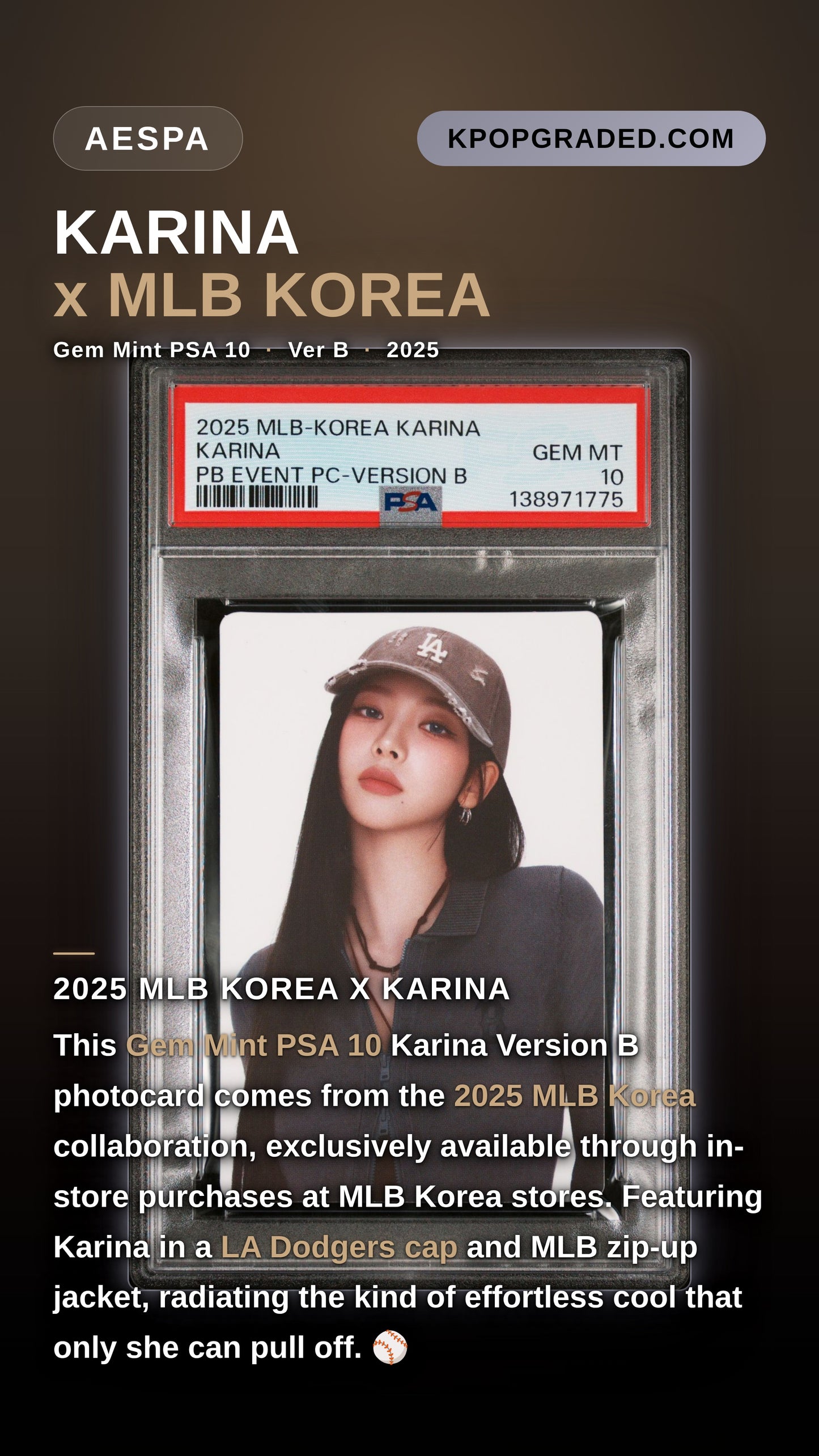 KARINA 2025 MLB-KOREA PURCHASE BONUS EVENT PHOTOCARD VERSION B GEM MINT PSA 10