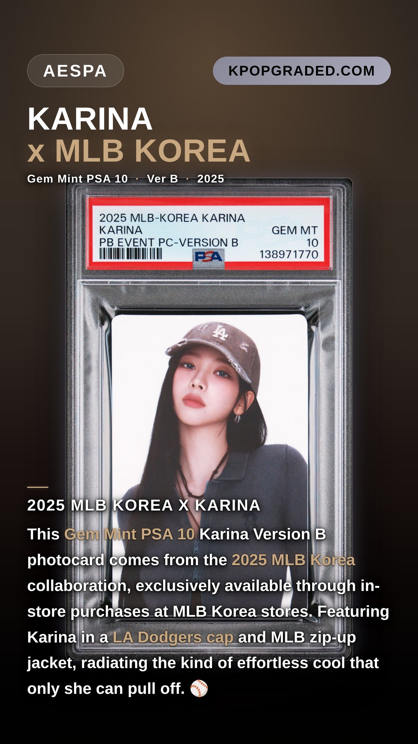 KARINA 2025 MLB-KOREA PURCHASE BONUS EVENT PHOTOCARD VERSION B GEM MINT PSA 10