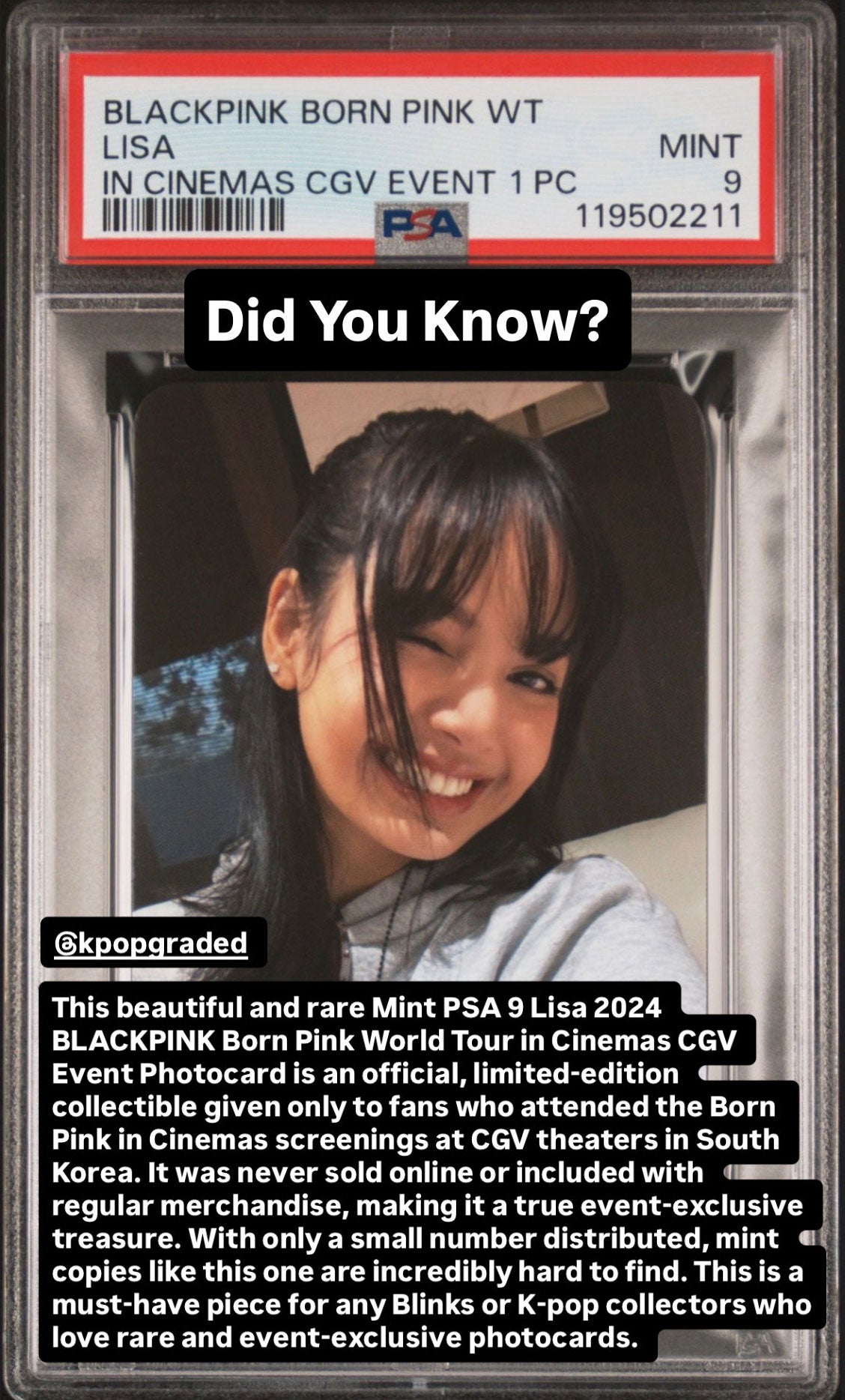 LISA 2024 BLACKPINK BORN PINK WORLD TOUR IN CINEMAS CGV EVENT MINT PSA 9