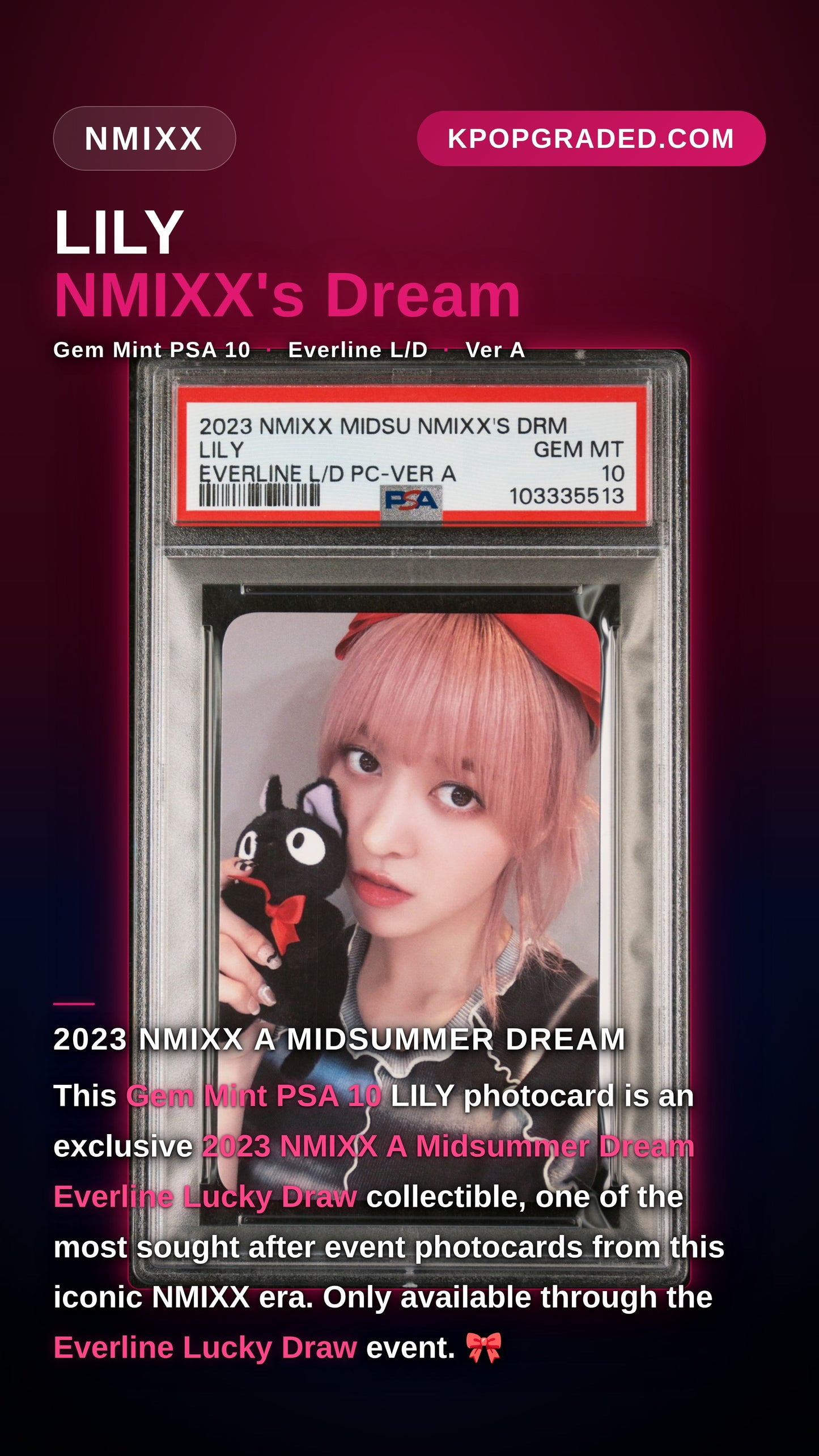 LILY 2023 NMIXX 3RD SINGLE ALBUM A MIDSUMMER DREAM EVERLINE LUCKY DRAW PHOTOCARD-VER A GEM MINT PSA 10