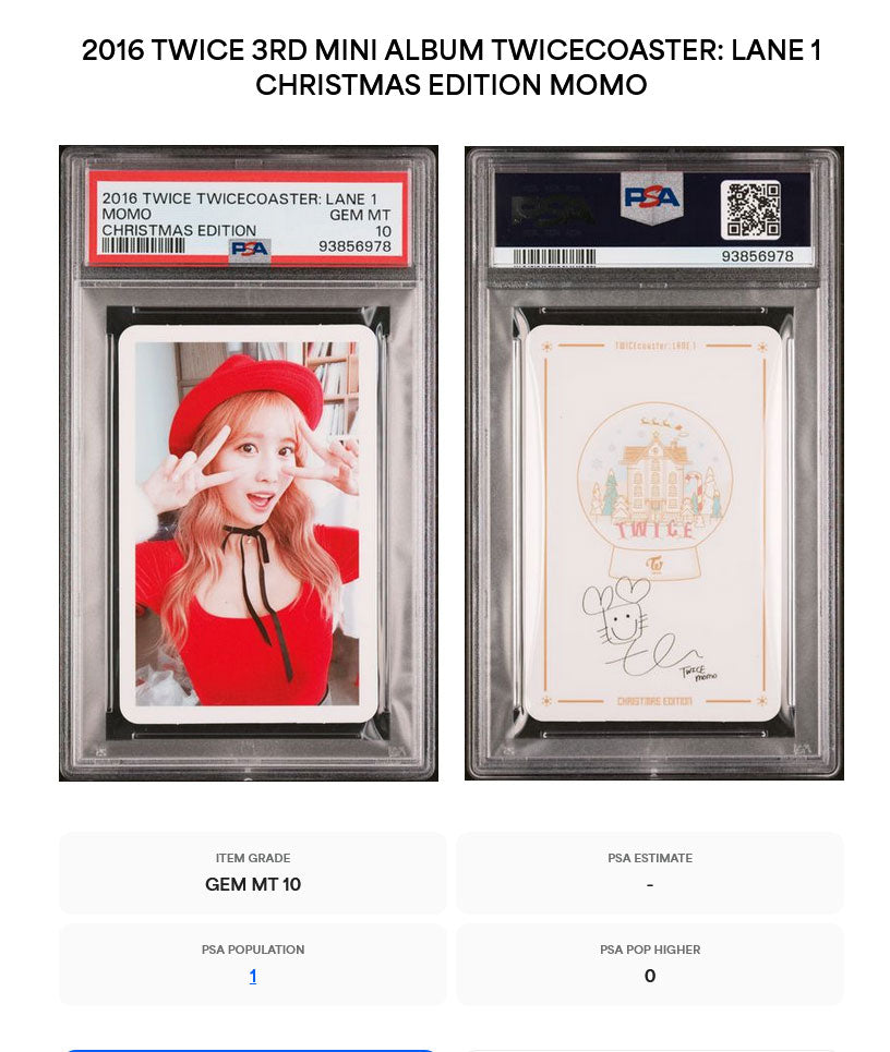 MOMO CHRISTMAS EDITION PHOTOCARD 2016 TWICE TWICECOASTER: LANE 1 PHOTOCARD GEM MINT PSA 10