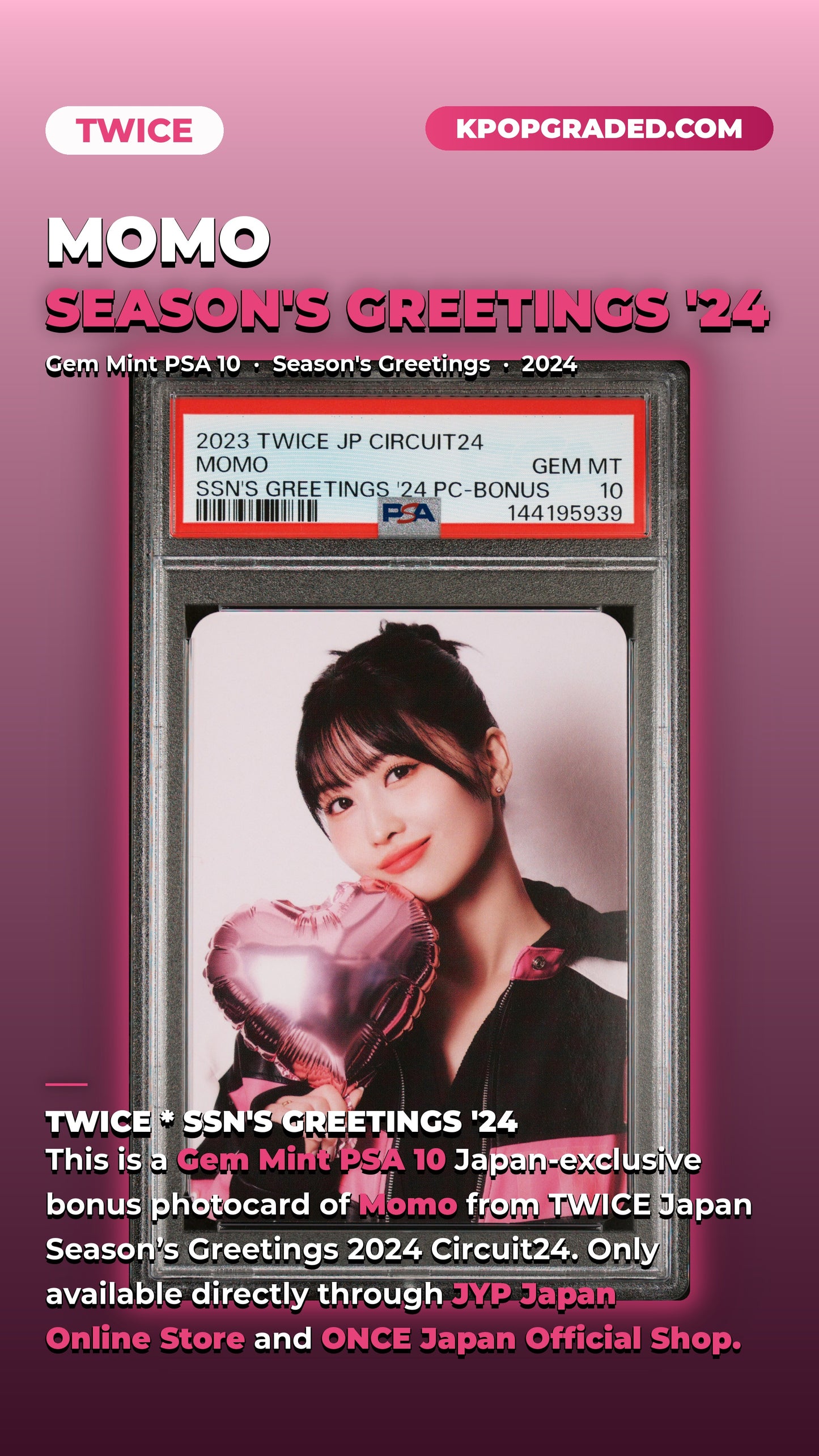 MOMO TWICE JP CIRCUIT 24 SEASON'S GREETINGS 2024 BONUS PHOTOCARD GEM MINT PSA 10