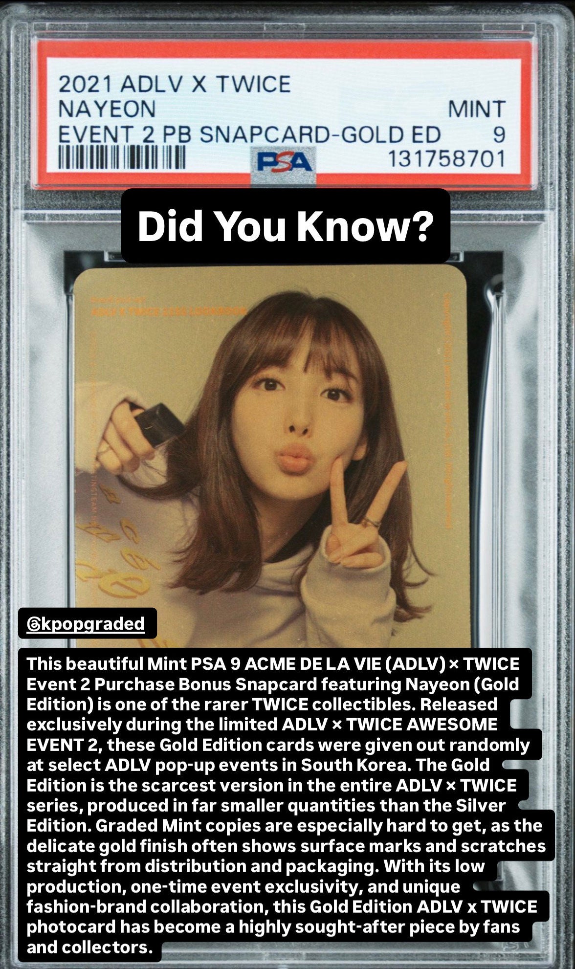 NAYEON TWICE 2021 ADLV X TWICE EVENT 2 PURCHASE BONUS-GOLD EDITION MINT PSA 9