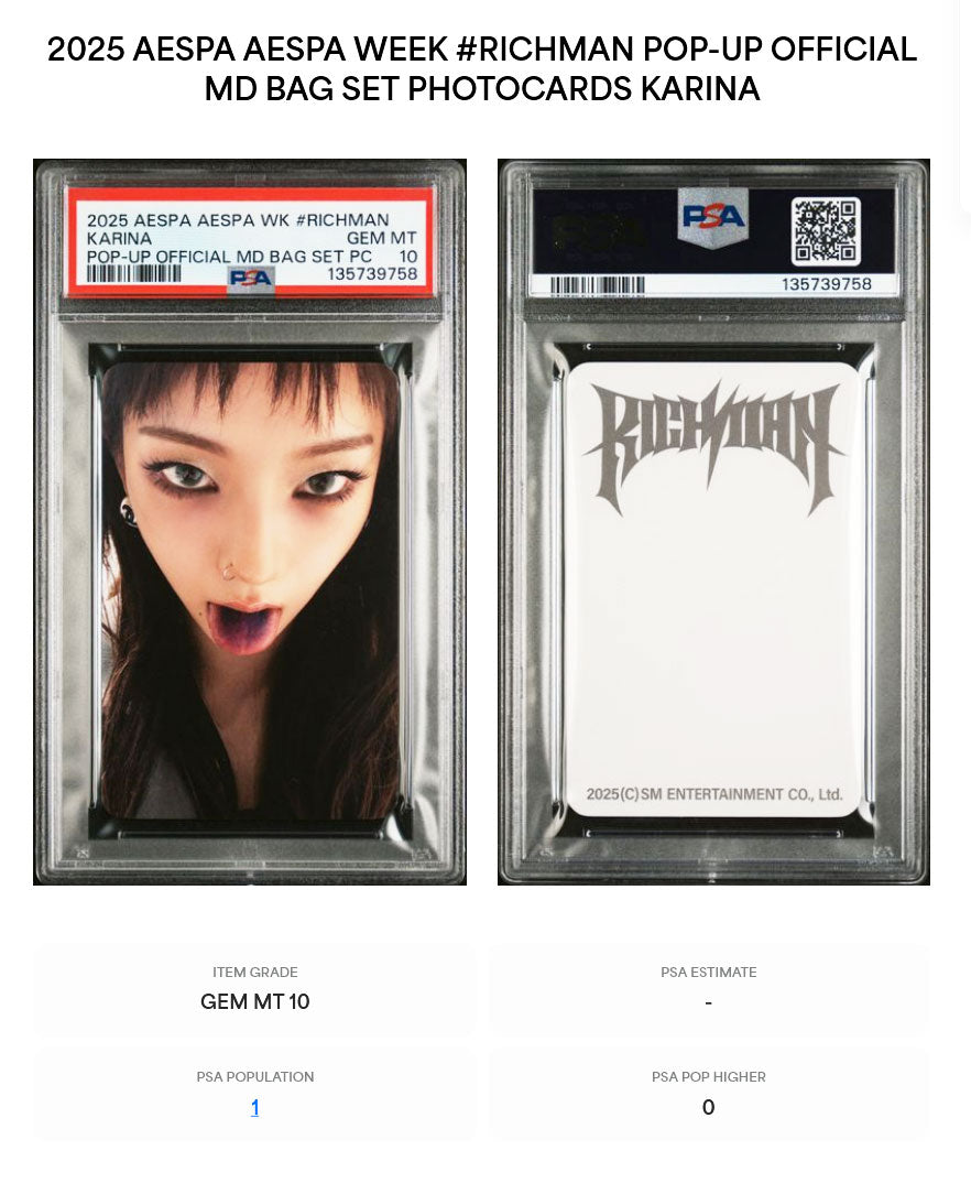 KARINA 2025 AESPA WEEK #RICHMAN POP-UP OFFICIAL MD BAG SET PHOTOCARD GEM MINT PSA 10